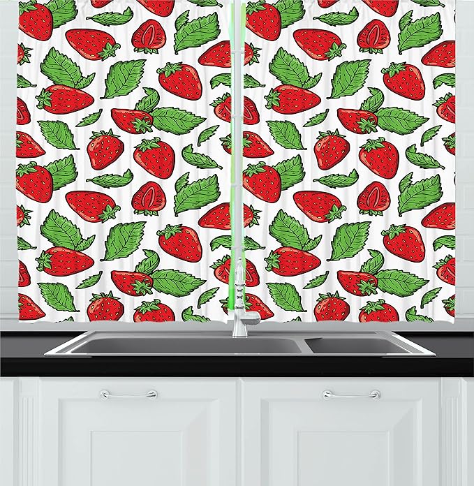 Ambesonne Fruit Kitchen Curtains, Juicy Strawberries with