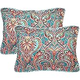 D DODOU Cotton Quilted Pillow Cases Standard Size Set of 2, Queen Size Vintage Boho Style Floral Decorative Soft Comfy Pillow Shams, Pillow Covers with Tie Closure 20 x 27 inch (Bohemian)