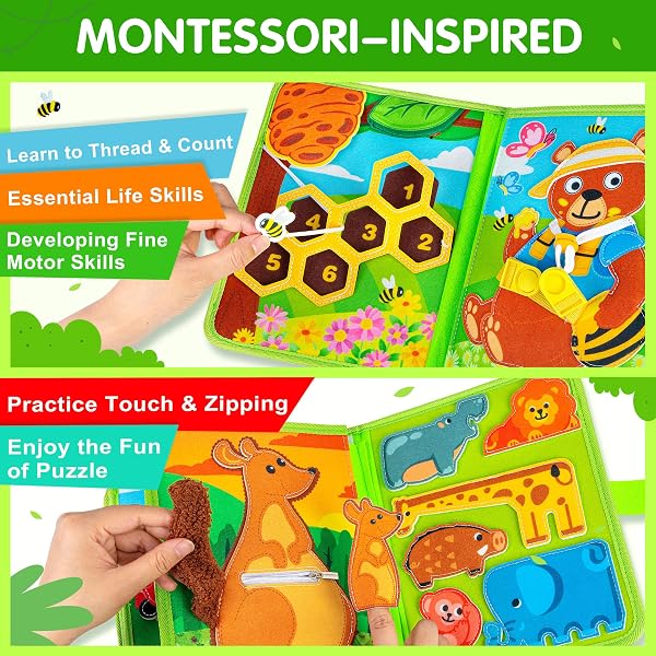 QUANQUER ANIMAL BUSY BOOK FOR TODDLERS 1-3 – MONTESSORI TOYS FOR 1 YEAR OLD BOYS AND GIRLS, EDUCATIONAL TRAVEL TOY FOR AIRPLANE CAR, CHRISTMAS BIRTHDAY GIFTS FOR TODDLERS