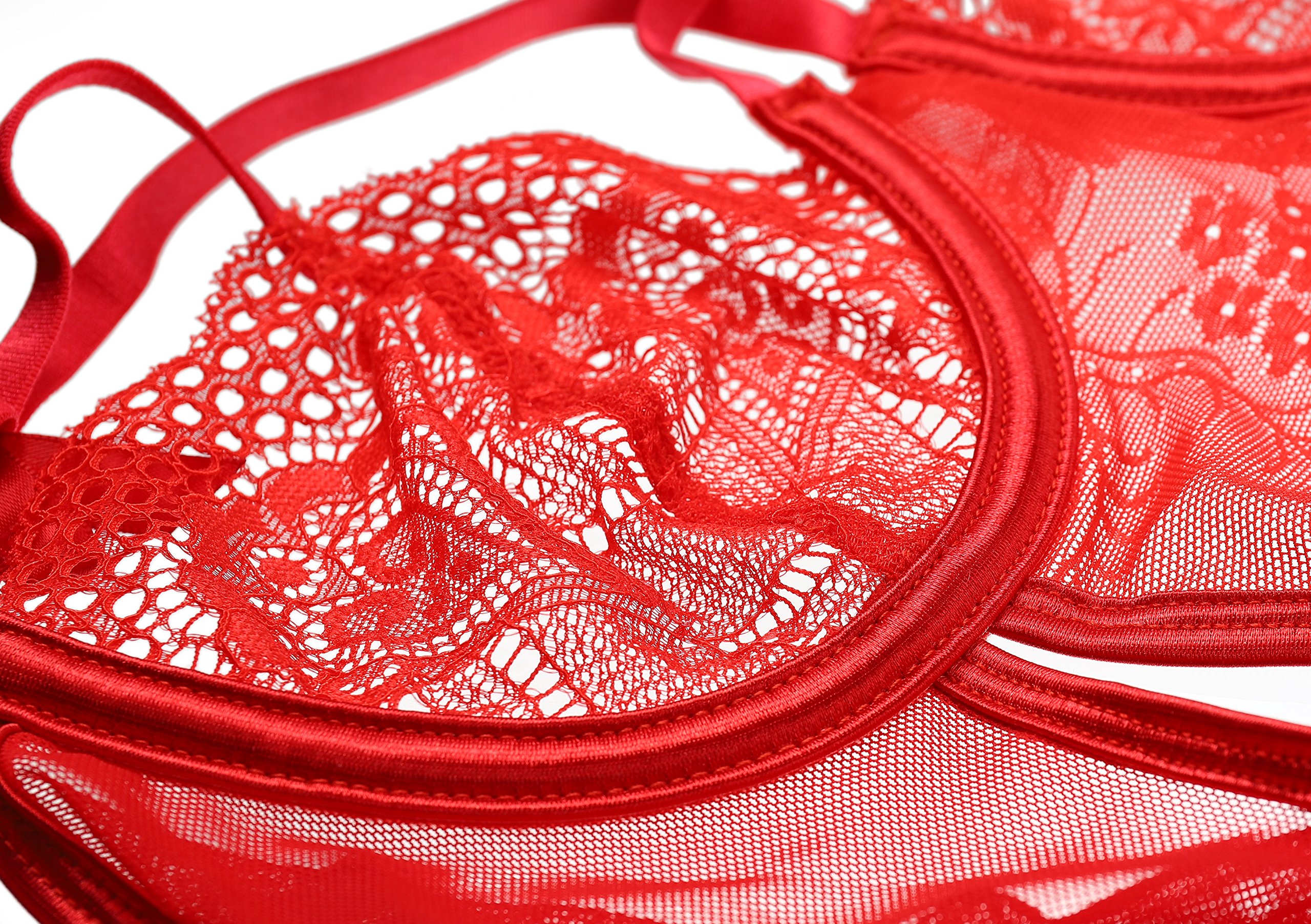 xspice Women Floral Lace Teddy Lingerie One Piece Strappy Bodysuit (L/XL) Red