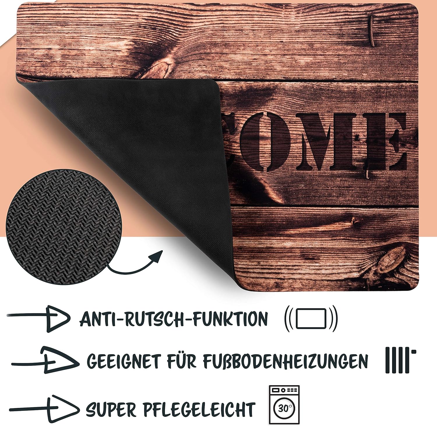 Doormat Welcome Wood Design Front Door Dirt Trapper Shoes Scraper Machine Washable, Brown, 70 x 50 cm - Image 4