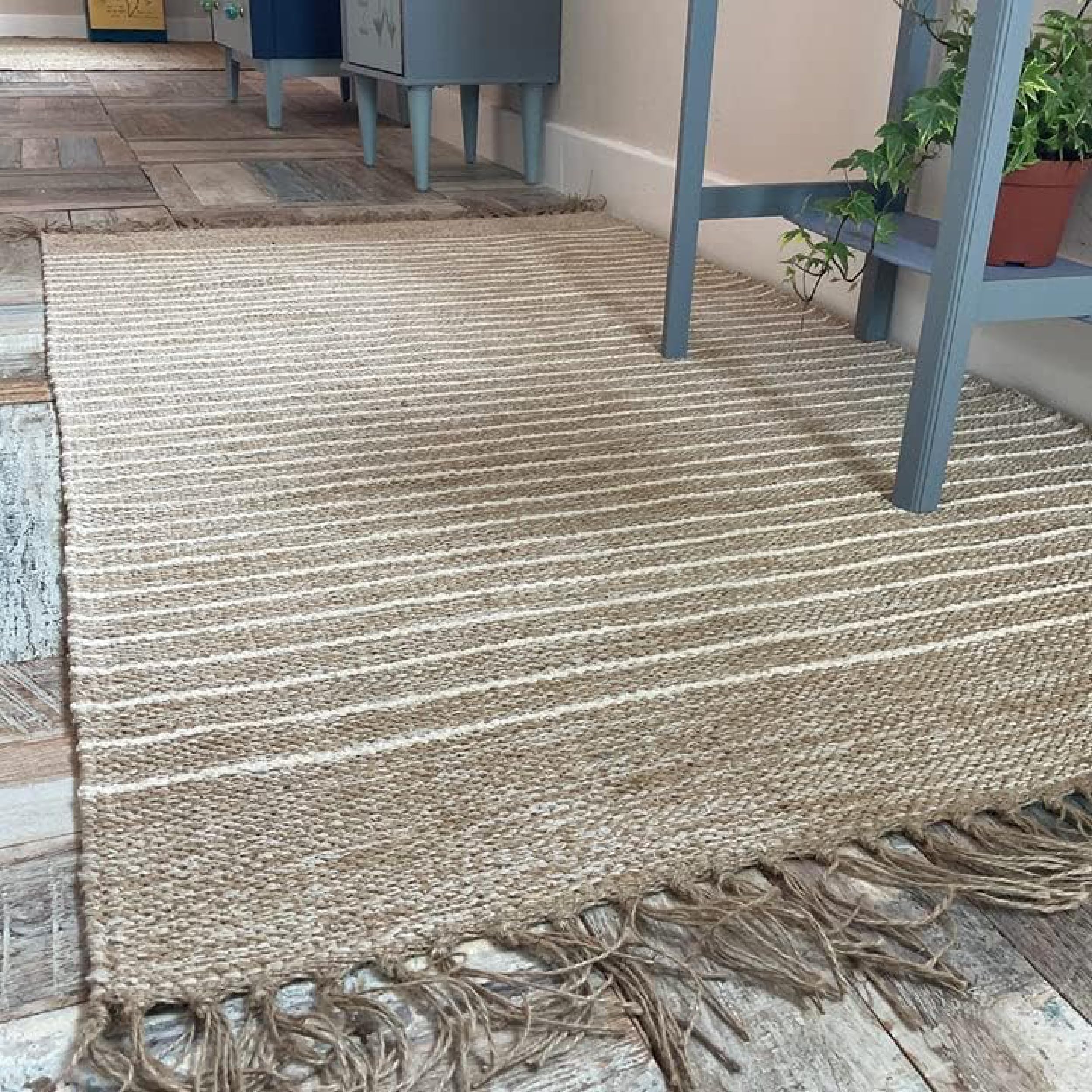 Second Nature Online - BEKAL Area Rug | Sand Beige and Off White Pin Stripe Weave of Cotton Jute Yarn | Hand Woven | Ethical Trade | Eco-Friendly (150 x 240 cm)