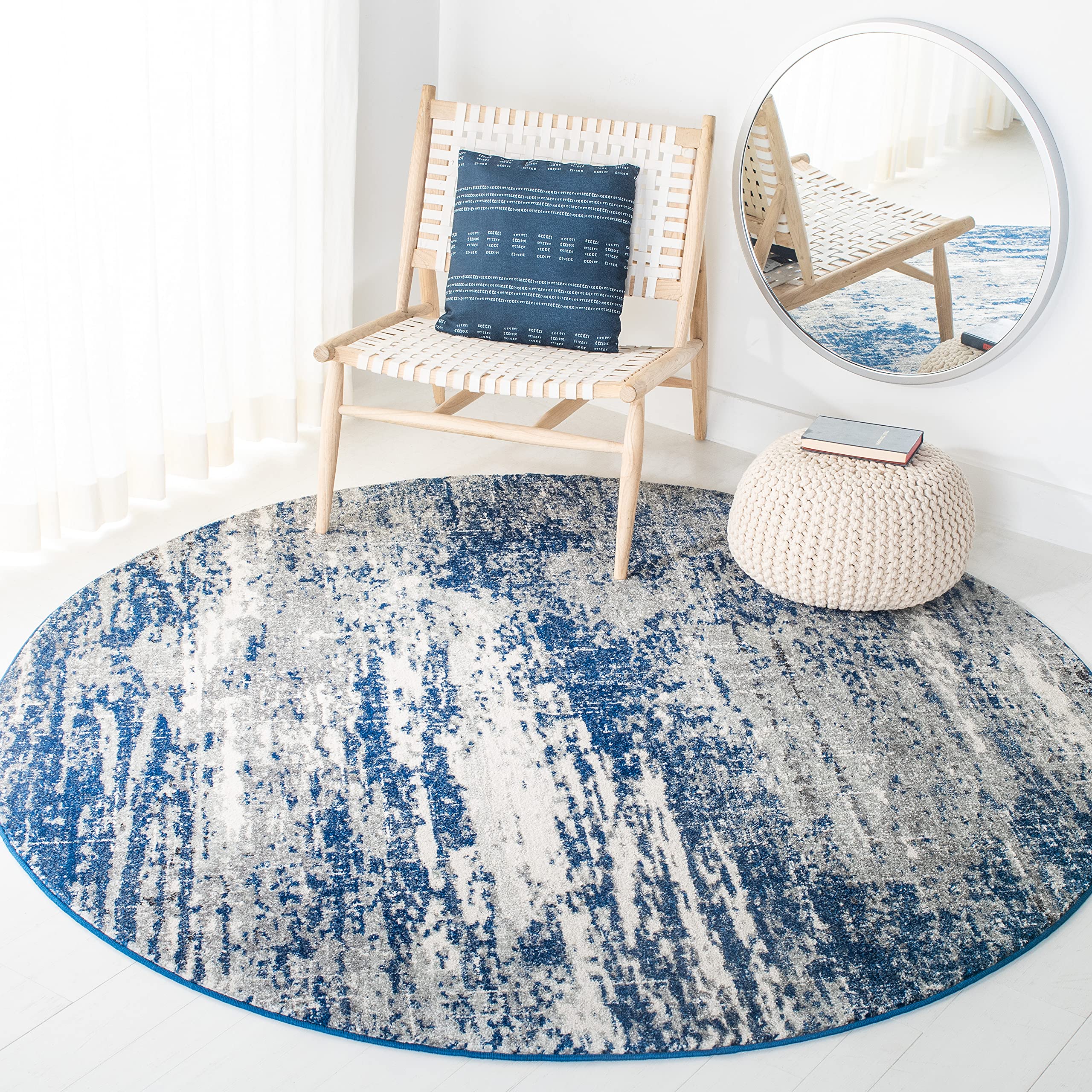 SAFAVIEH Evoke Collection 6'7" Round Dark Blue/Grey EVK272L Modern Abstract Non-Shedding Living Room Bedroom Area Rug Image