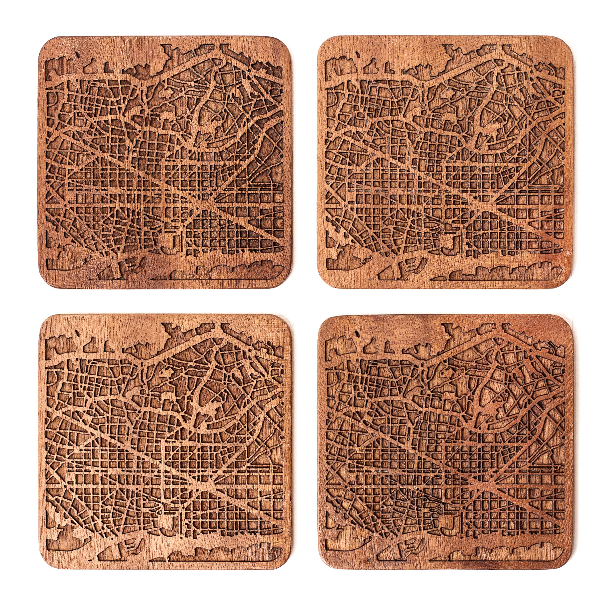 Barcelona Map Coaster, Set of 4, Sapele Wooden Coaster with City Map, Handmade