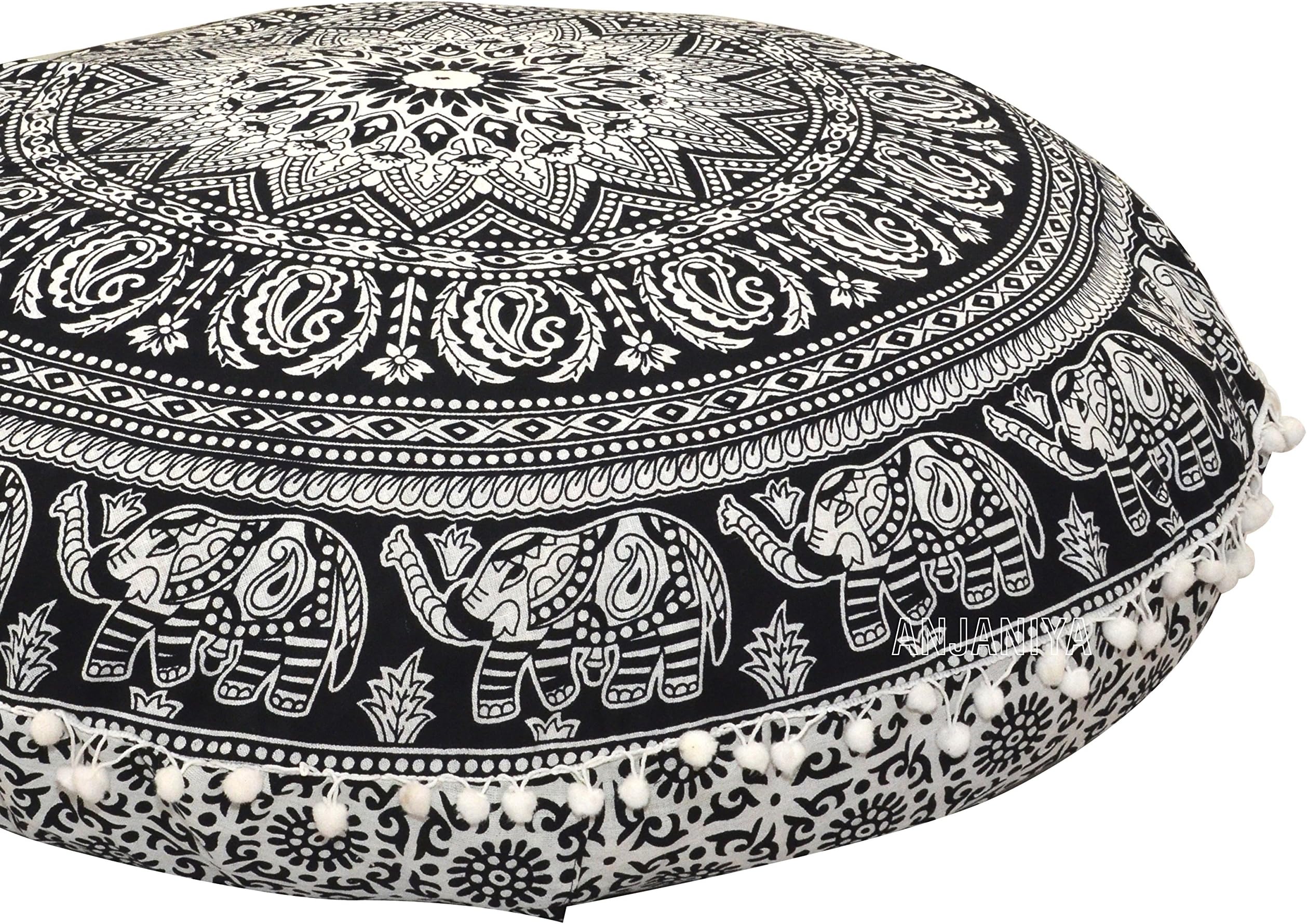 ANJANIYAANJANIYA - 32" Elephant Mandala Bohemian Yoga Meditation Floor Pillow Cover Comfortable Home Bed Sofa Cushion Couch Seating Large Zipped Throw Hippie Decorative Boho Indian (Black & White, 32 inches)