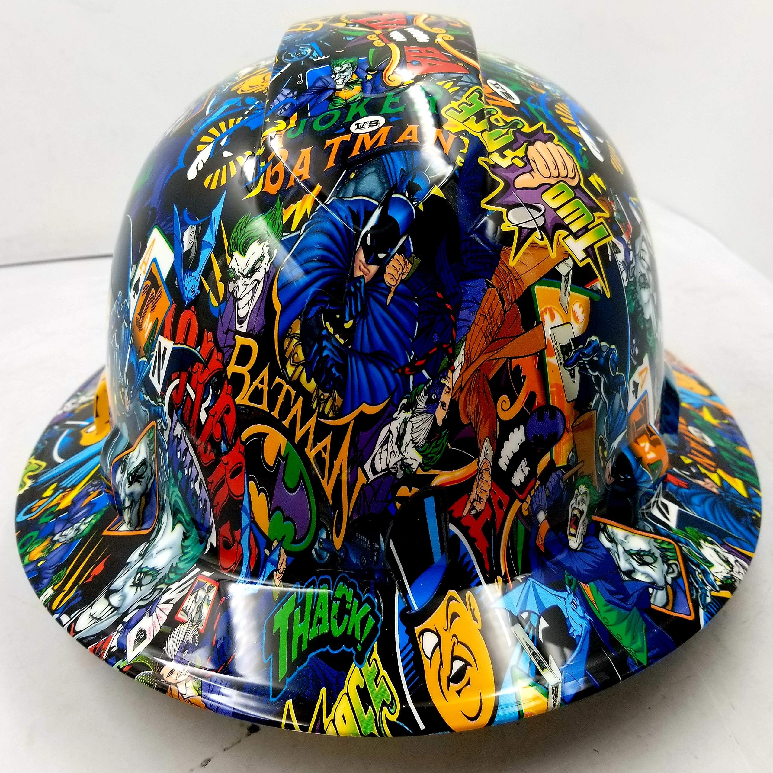 Wet Works Imaging Customized Pyramex Full Brim Batman VS Joker Hard HAT with Ratcheting Suspension Custom LIDS Crazy Sick Construction PPE