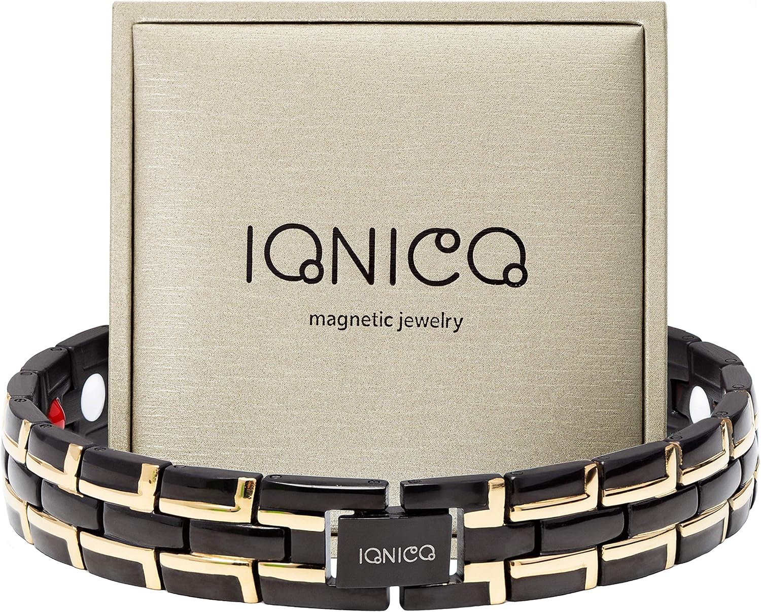 IONICO Stylish Magnetic Therapy Bracelet for Men and Women Health Improvement | Reliefs Arthritis, Carpal Tunnel, migraine, Headache Pain, Blood Pressure | Strong Energy Healing Power (Black-Gold): Health & Personal Care