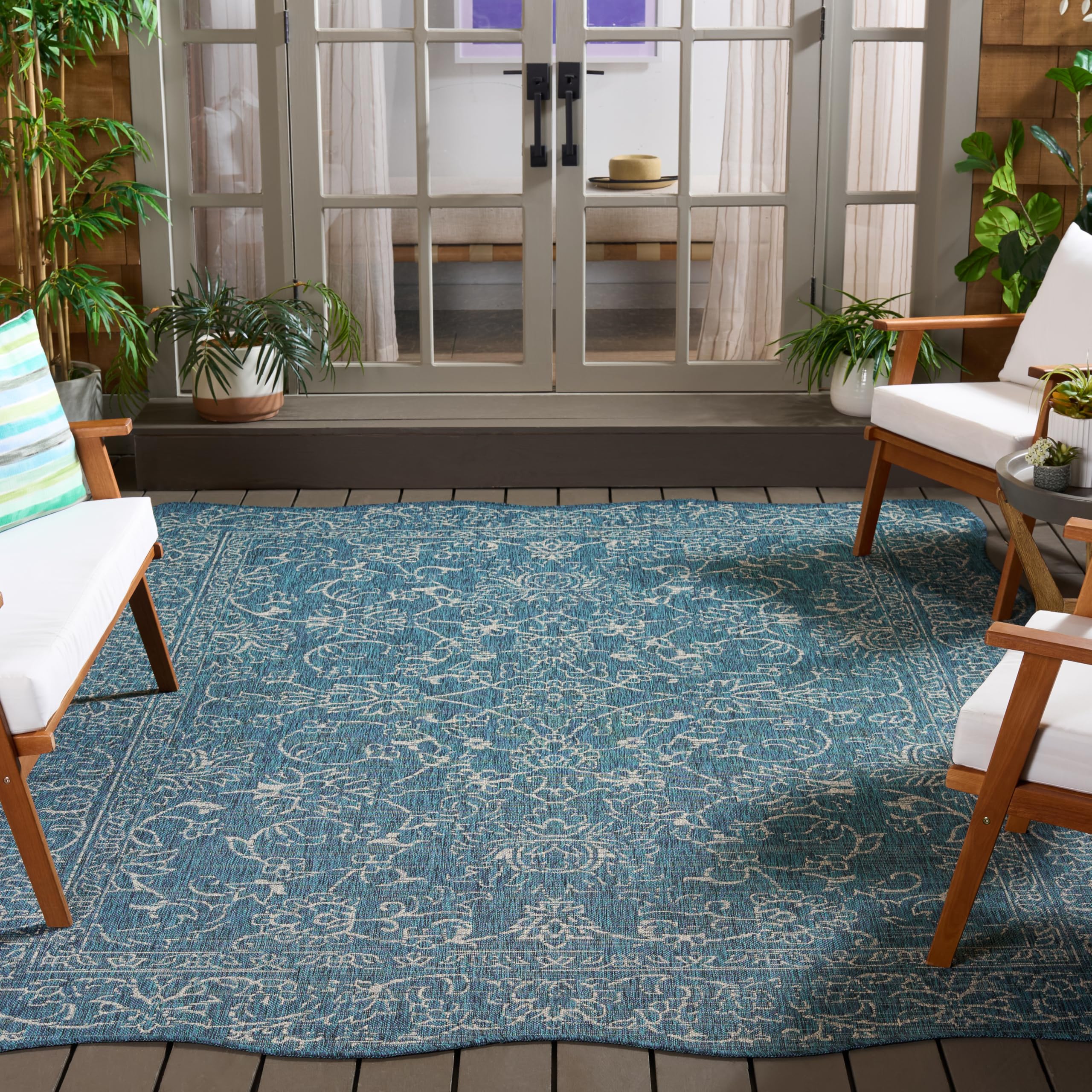SAFAVIEH Washable Rug Outdoor Courtyard Collection - 8' x 10', Navy & Ivory, Non-Shedding & Easy to Clean, Ideal for Patio, Backyard, Mudroom (CY8680-36821) Image
