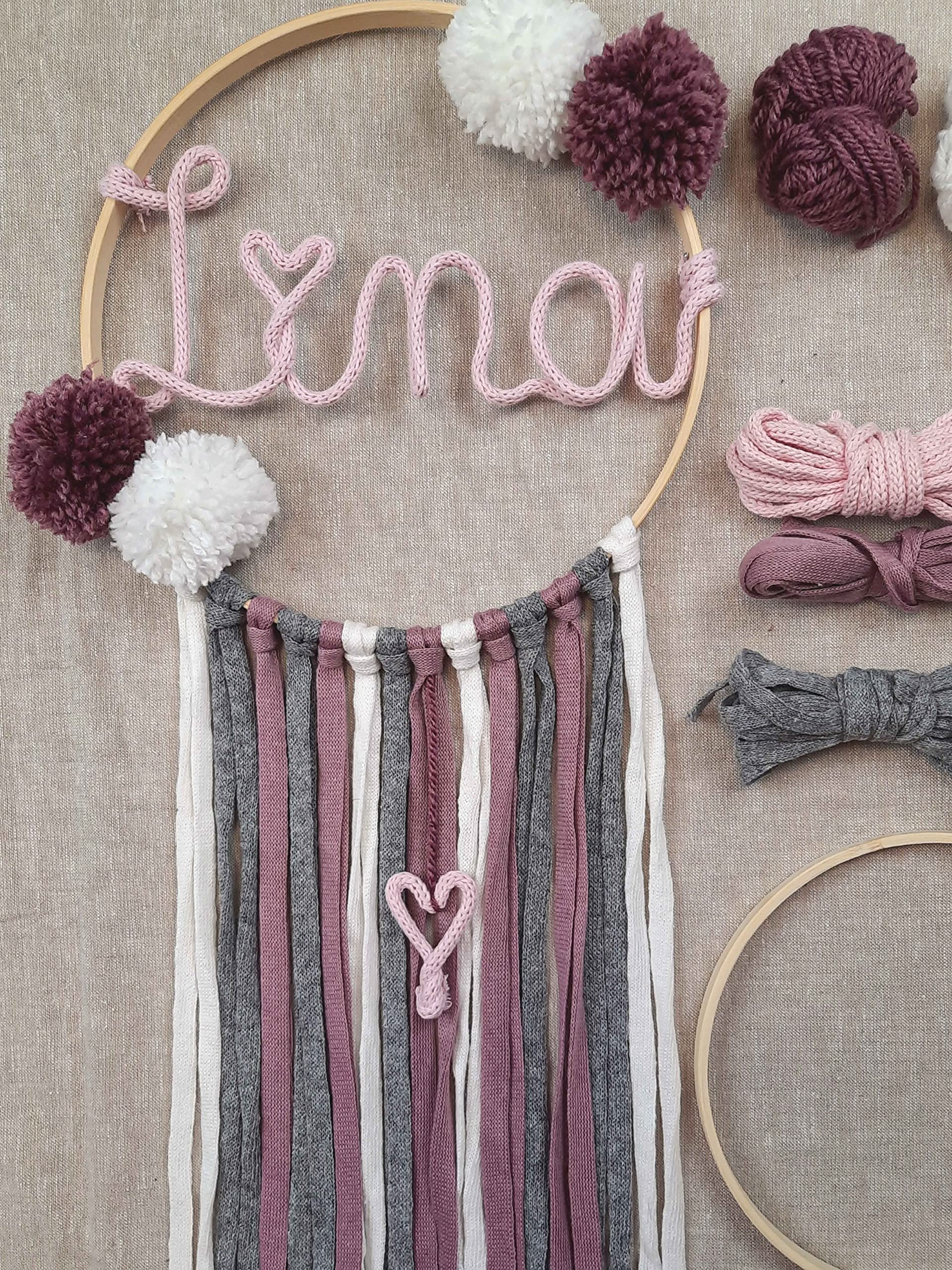 LIDAM Personalised Decorative Nursery Girl – Beautiful Craft Set Door Sign Children's Room, Dream Catcher Children Made of Bamboo Wood, Knitted Tube with Wire + Picture Instructions (English language
