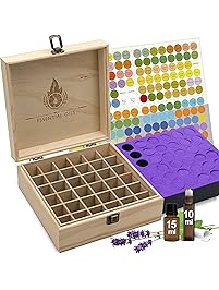 Essential Oil Box - 36 Slots. Fits Tall Roller Bottles. Natural Pine, Wooden Storage Case. Free EO Labels & Foam Pad. Best For 5ml 10ml And 15ml Drams