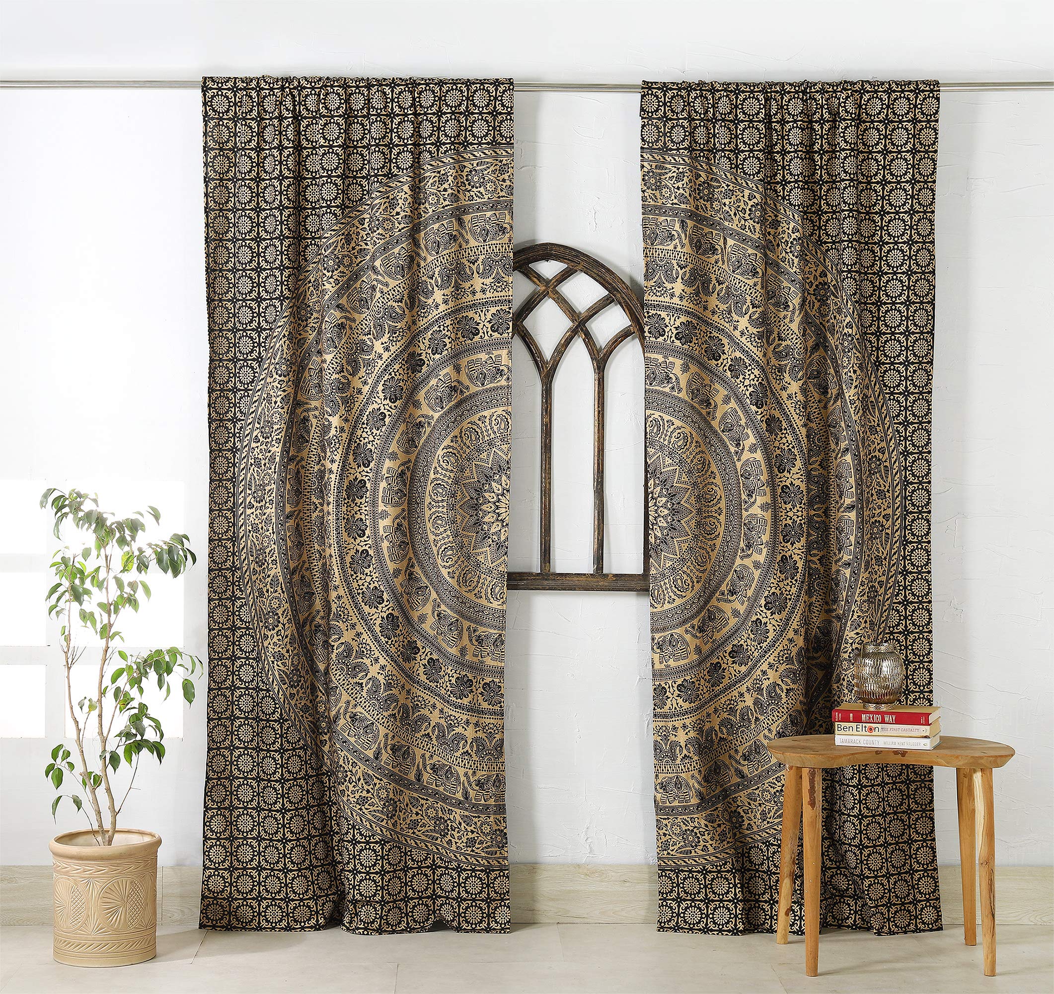 Popular Handicrafts Indian Hippie Bohemian Beautiful Elephant Color Mandala Curtain Panels Black Gold