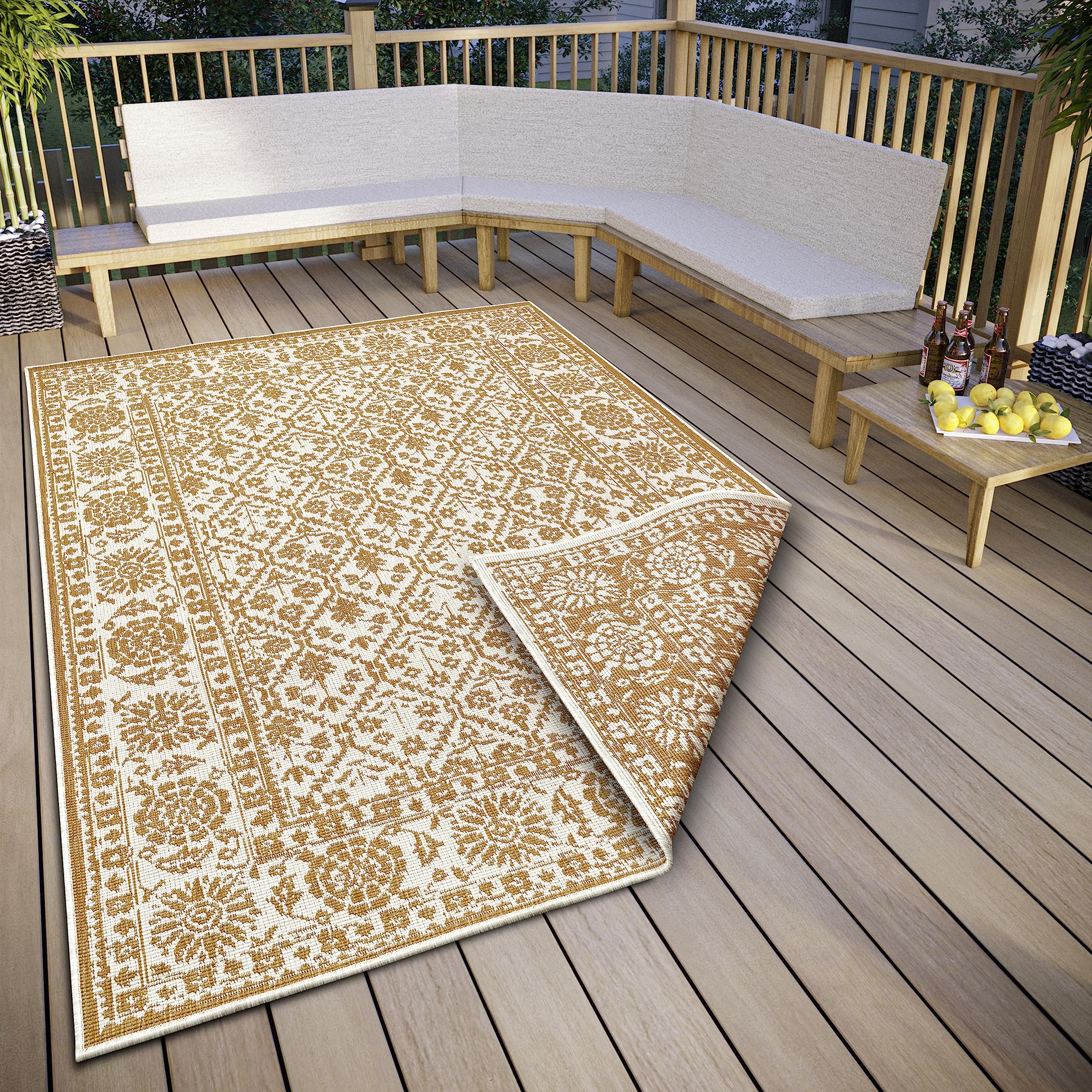 NORTHRUGS Curacao Indoor & Outdoor Reversible Rug - Flat Weave, Vintage, Border Look, Oeko-Tex, Weatherproof & UV Resistant for Balcony, Patio, Garden - Ochre, 80 x 150 cm