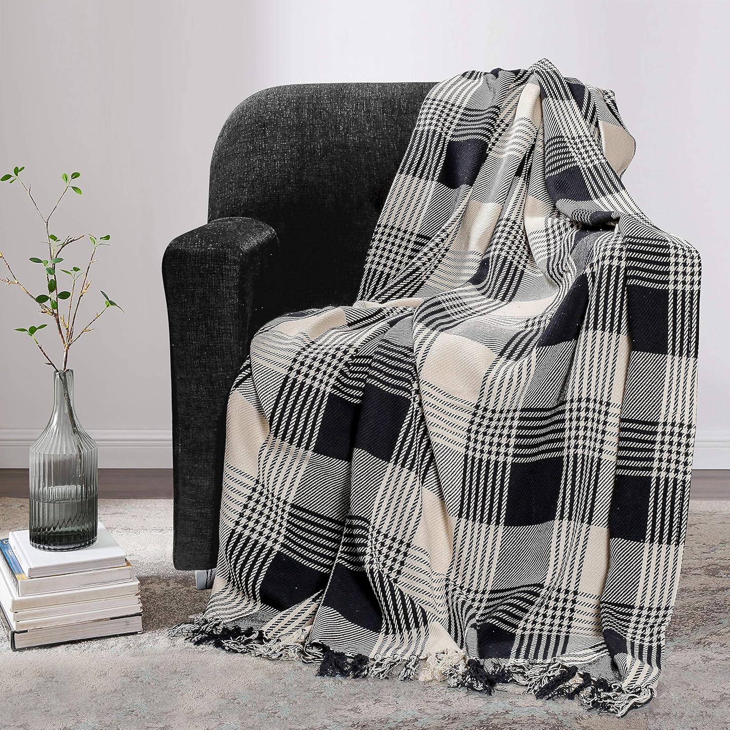 EHC Premium Reversible 100% Cotton Large 150 x 200 cm Tartan Throws for Sofa Armchair Bedspread, Black, Black / Natural - Image 3