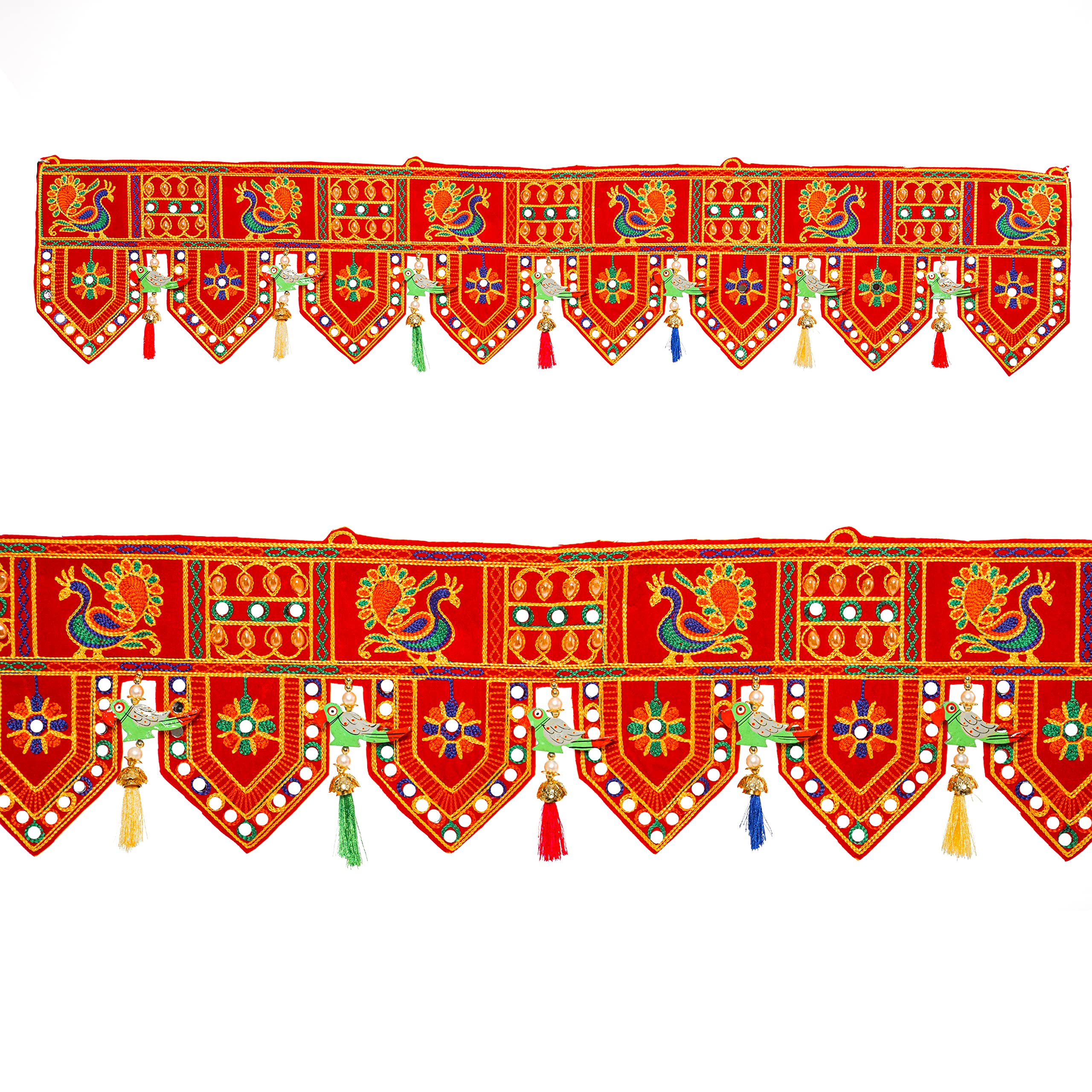 Handcrafted Toran Bandhanwar Door Wall Decorative Cloth Hanging for Festival, Traditional Indian Home Office Temple Pooja Décor Decoration and Gifting Size- 40 inches (Red - Bird Design)