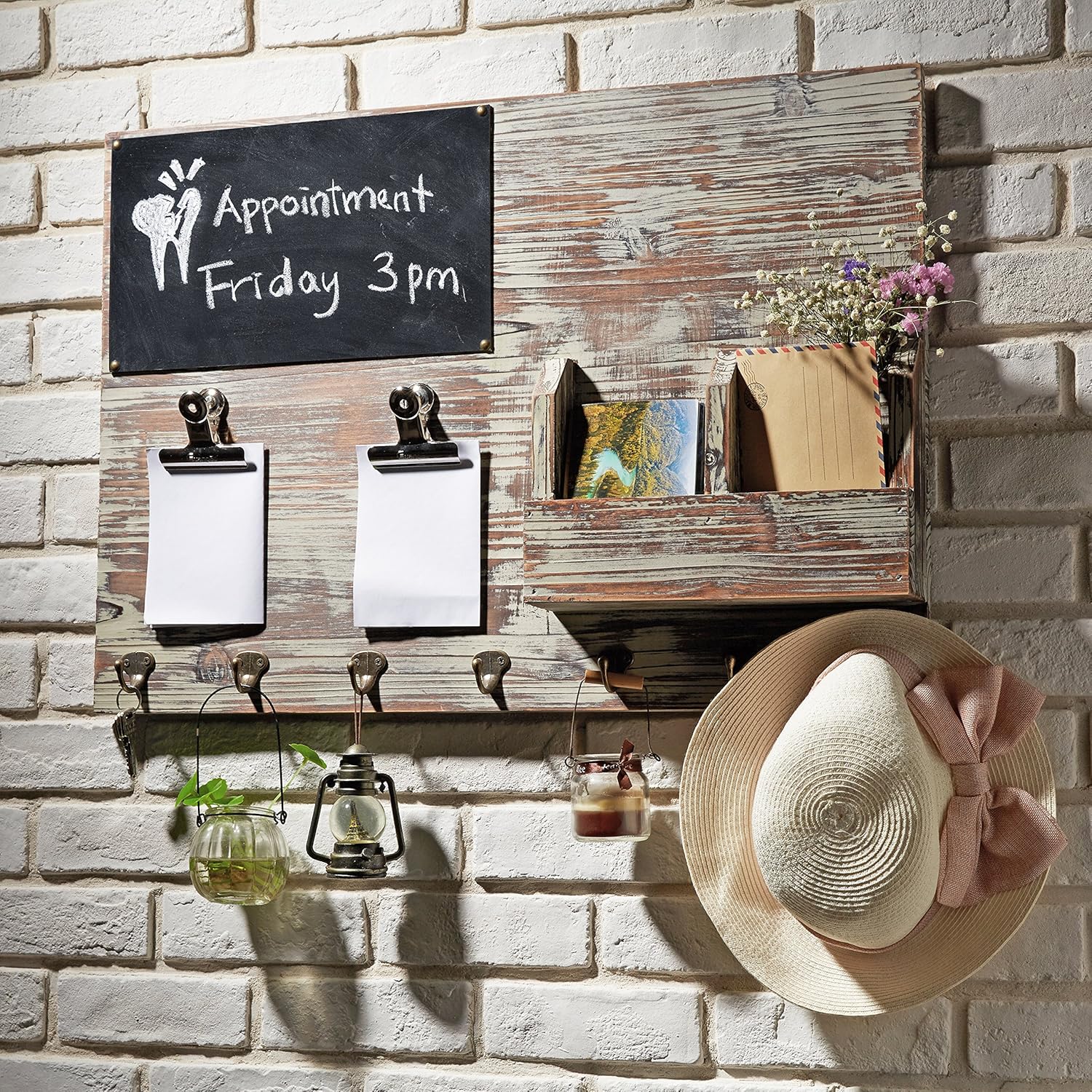 MyGift Torched Wood Wall Mounted Chalkboard Memo Clips, Mail Sorter and Key Hooks, Entryway All-in-One Organizer