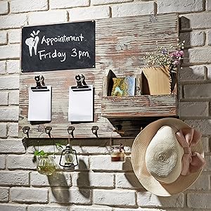 MyGift Torched Wood Wall Mounted Chalkboard Memo Clips, Mail Sorter and Key Hooks, Entryway All-in-One Organizer