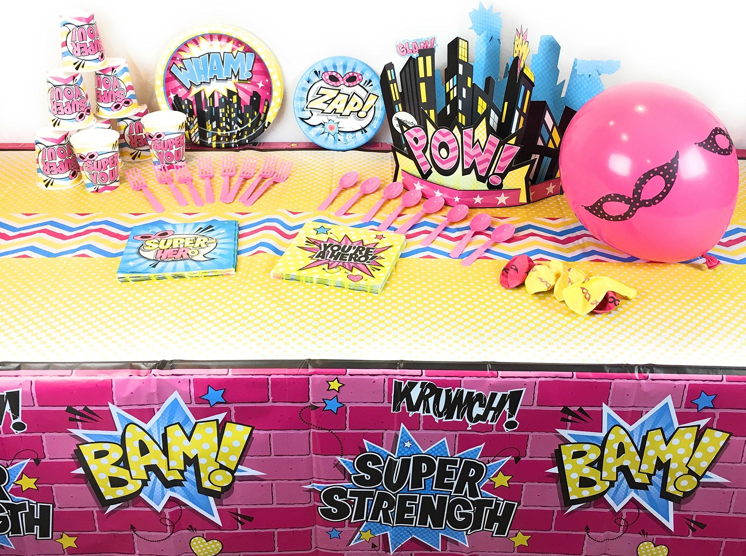 SuperHERo Party Supplies Birthday Girl Bundle - Includes Centerpiece, Tablecloth, Balloons and Party Supplies for 8 Guests and Pink SuperHERo Cape and Mask for the Birthday Girl.