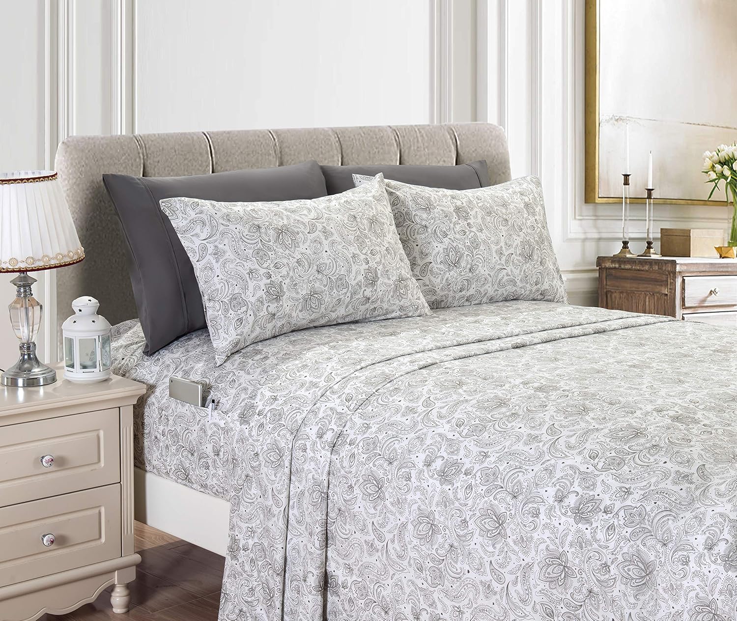 Elegant Comfort Luxury Soft Bed Sheets Paisley Pattern 1500 Thread Count Percale Egyptian Quality Softness Wrinkle and Fade Resistant (6-Piece) Bedding Set, King, Grey: Home & Kitchen