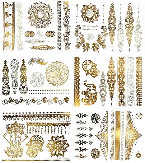 Premium Henna Tattoos mit Metallic-Glanz - 75+ Mandala Klebe-Tattoos in Gold und Silber – Temporäre Tattoos in Schimmeroptik 