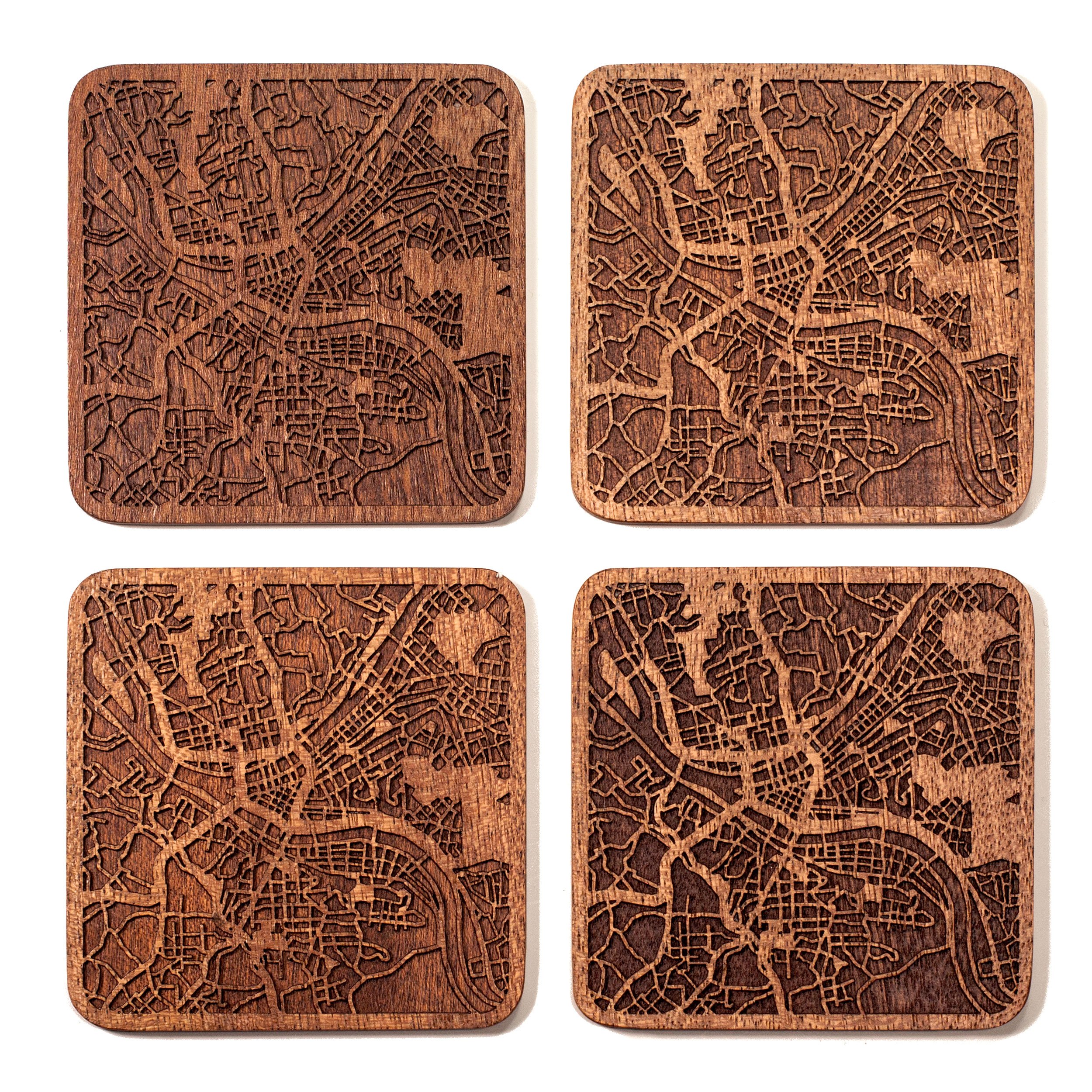 Pittsburgh Map Coaster, Set of 4, Sapele Wooden Coaster with City Map, Handmade