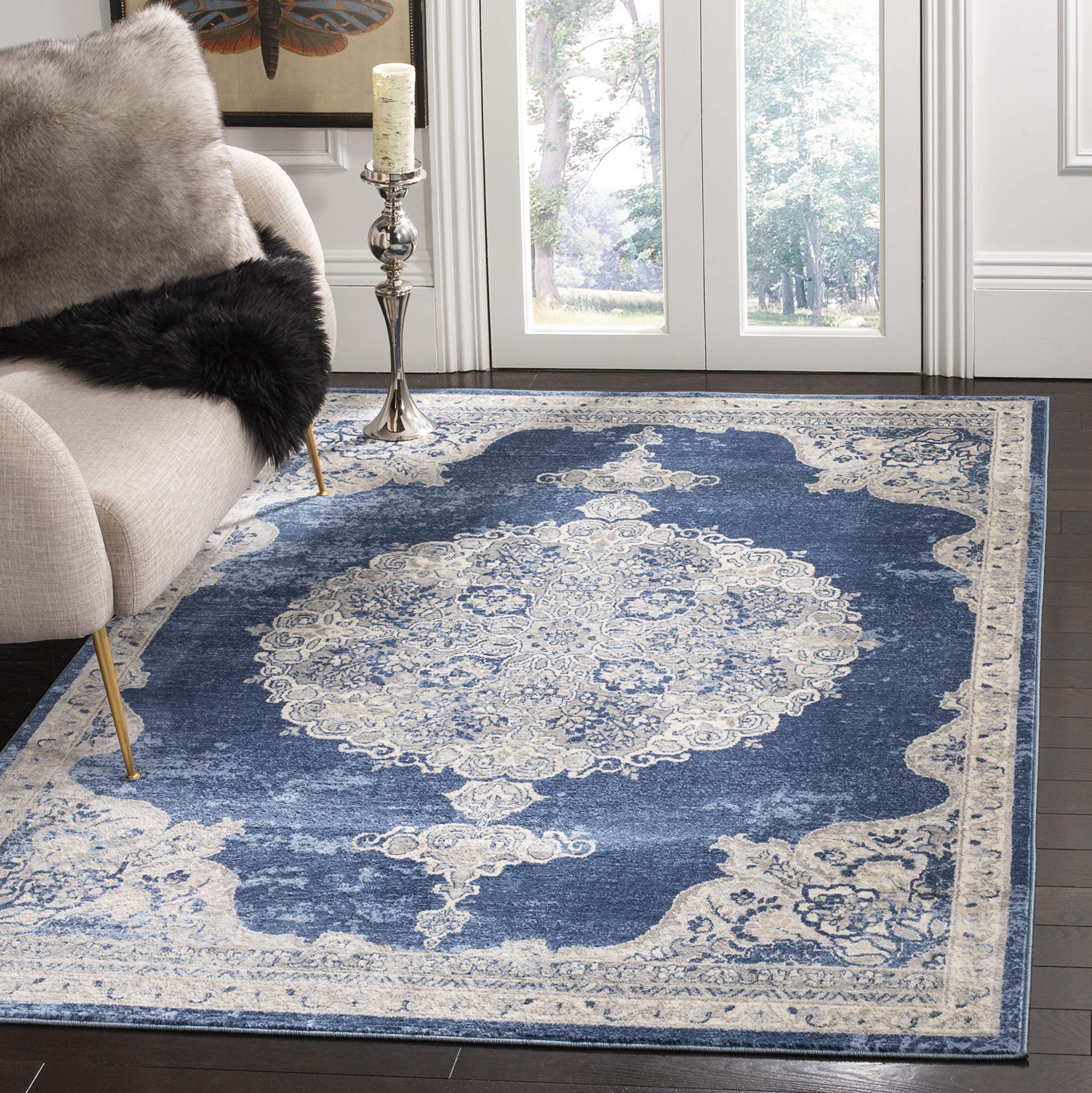 Safavieh Traditional Indoor Woven Rectangle Area Rug, Brentwood Collection, BNT867, in Navy / Light Grey, 91 X 152 cm for Living Room, Bedroom or Any Indoor Space