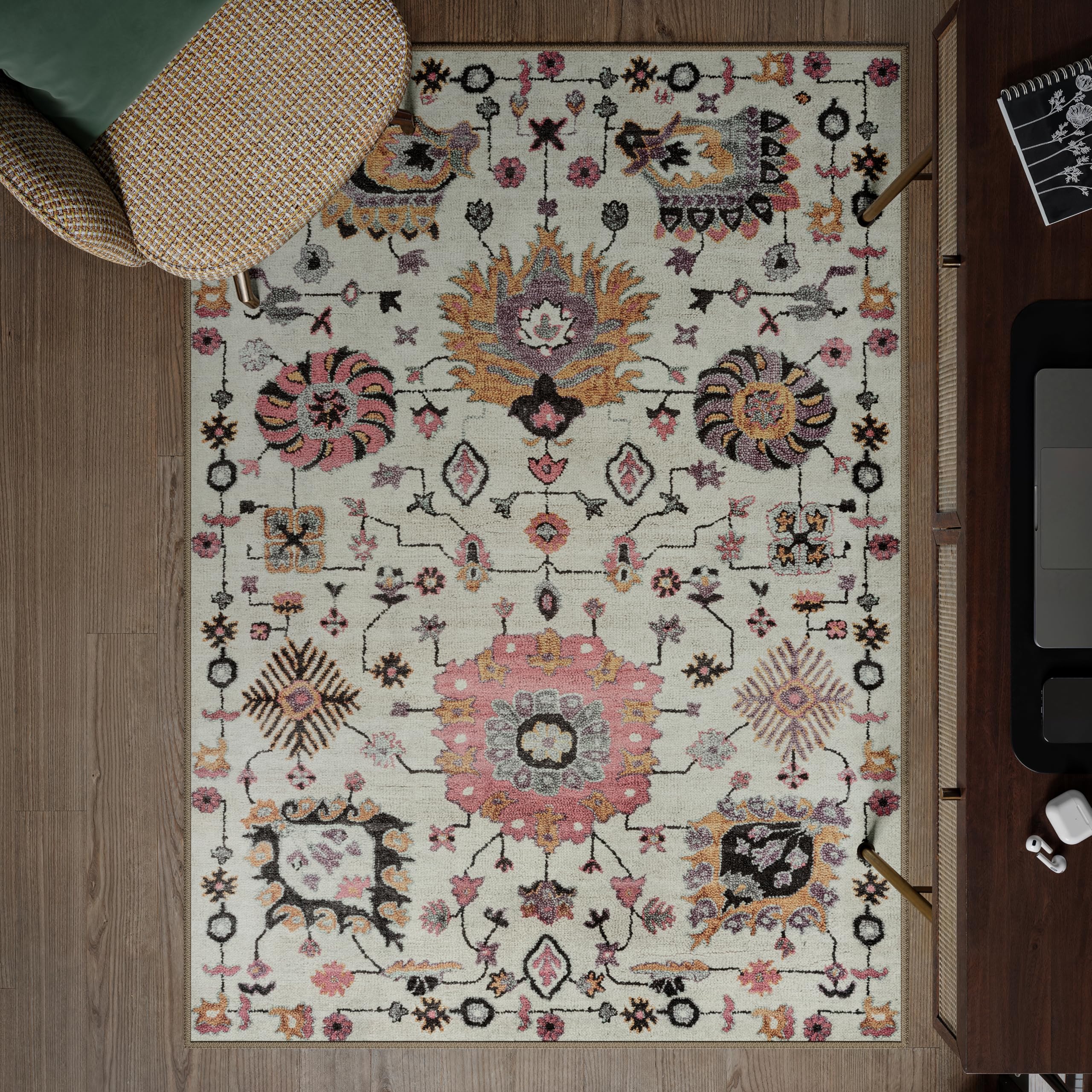 artyrugs Machine Washable Rug, 122x170cm, 75% Recycled Cotton, Short Pile, Non-Slip Backing, Non-Shedding, Suitable for Living Room, Bedroom, Kitchen, Hallway, Office, Dusk Beige & Pink