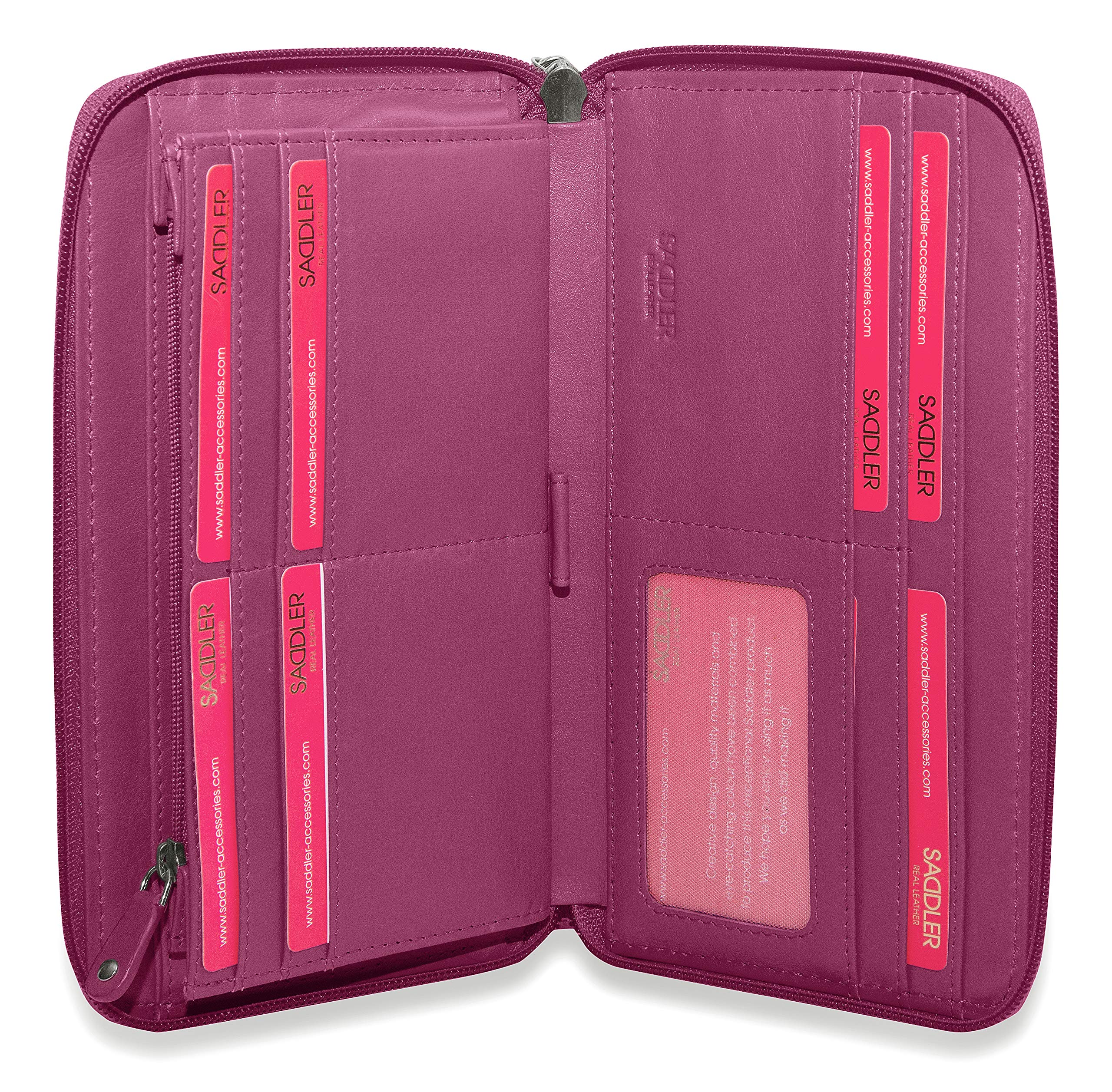 SADDLER Sophia Purse – RFID Protected Real Leather Large Zip-Around Wallet with 15 Card Slots, ID Window, Wrist Strap & Multi-Section Interior – Fits Most Phones – Gift-Boxed