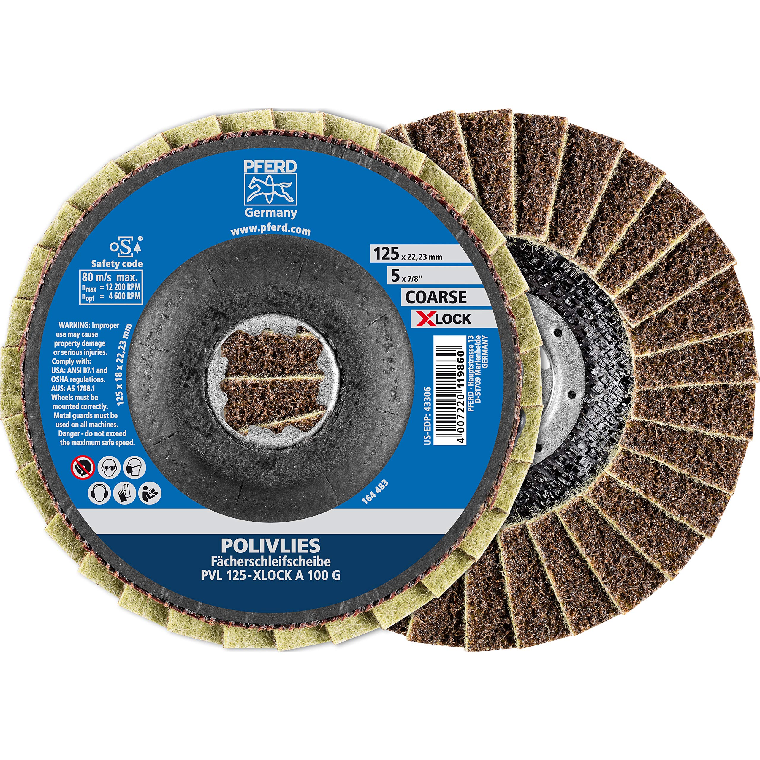 PFERD Pollifleece flap washer, pack of 5, 125 mm, A100, coarse, X-LOCK (22.23 mm), 44694211 - for quick and comfortable tool changes