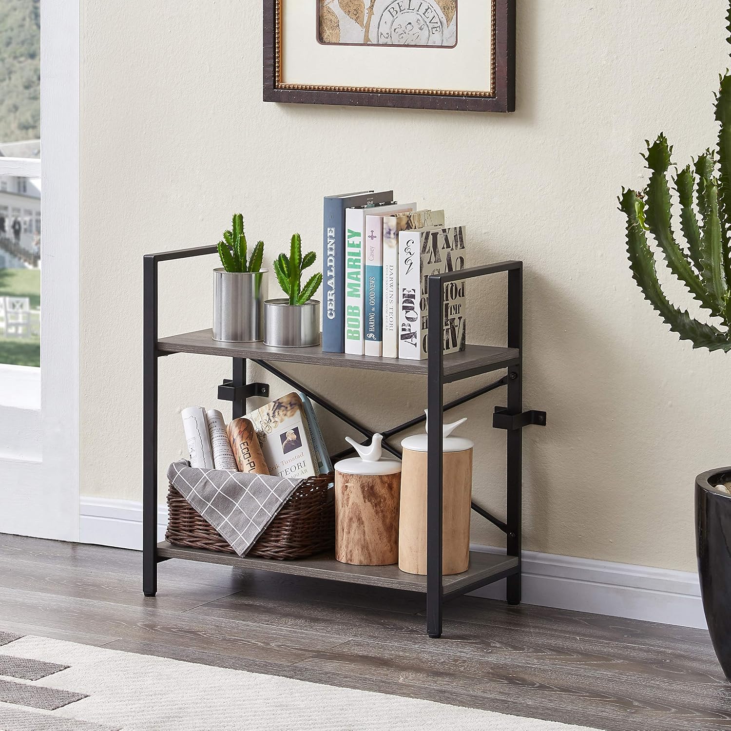 MNEETRUNG Small Bookshelf, 2-Tier Modern Wood Bookcase, Small Kitchen Storage Rack, Industrial Shelf Unit with Metal Frame for Living Room, Bathroom and Office, Ash Grey