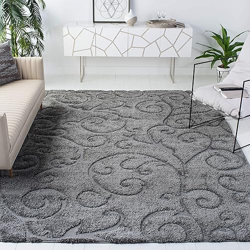 SAFAVIEH Florida Shag Collection SG455 Scrolling Vine Graceful Swirl Textured Non-Shedding Living Room Bedroom Dining Room Entryway Plush 1.2-inch Thick Area Rug, 6' x 9', Grey