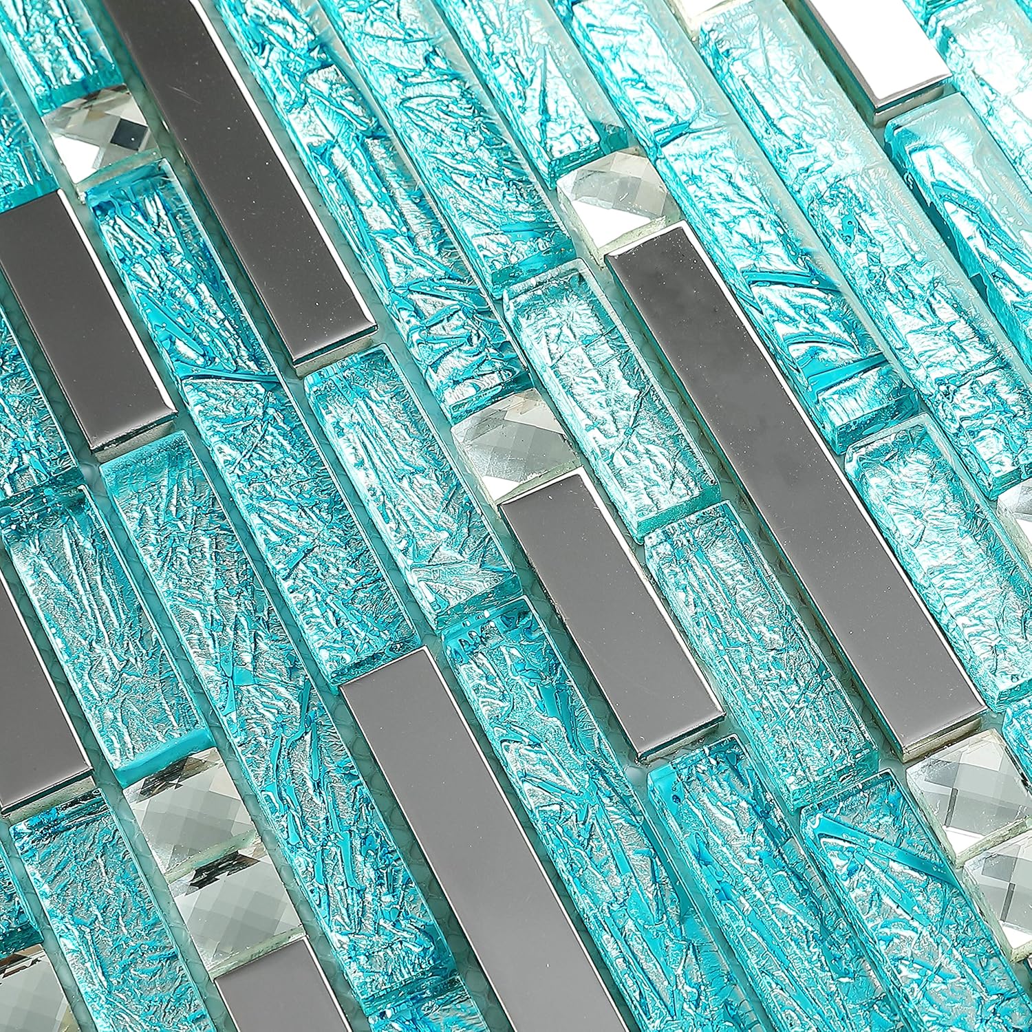 Hominter 5Sheets Silver Stainless Steel Tile, Aqua Crystal Glass and