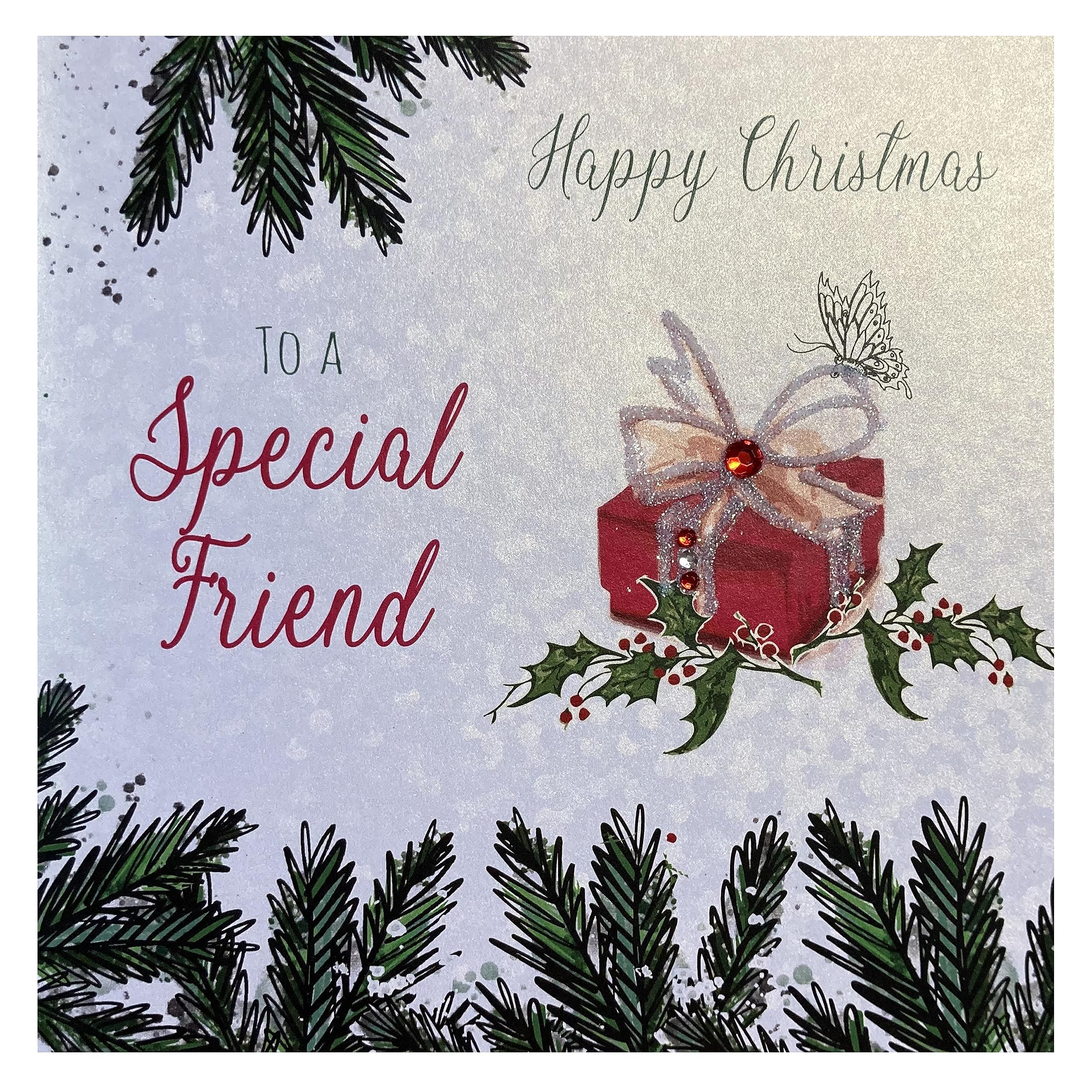 WHITE COTTON CARDS X64 Happy Christmas To A Special Friend Handmade Christmas Card with Present Design, White,16cm x 16cm