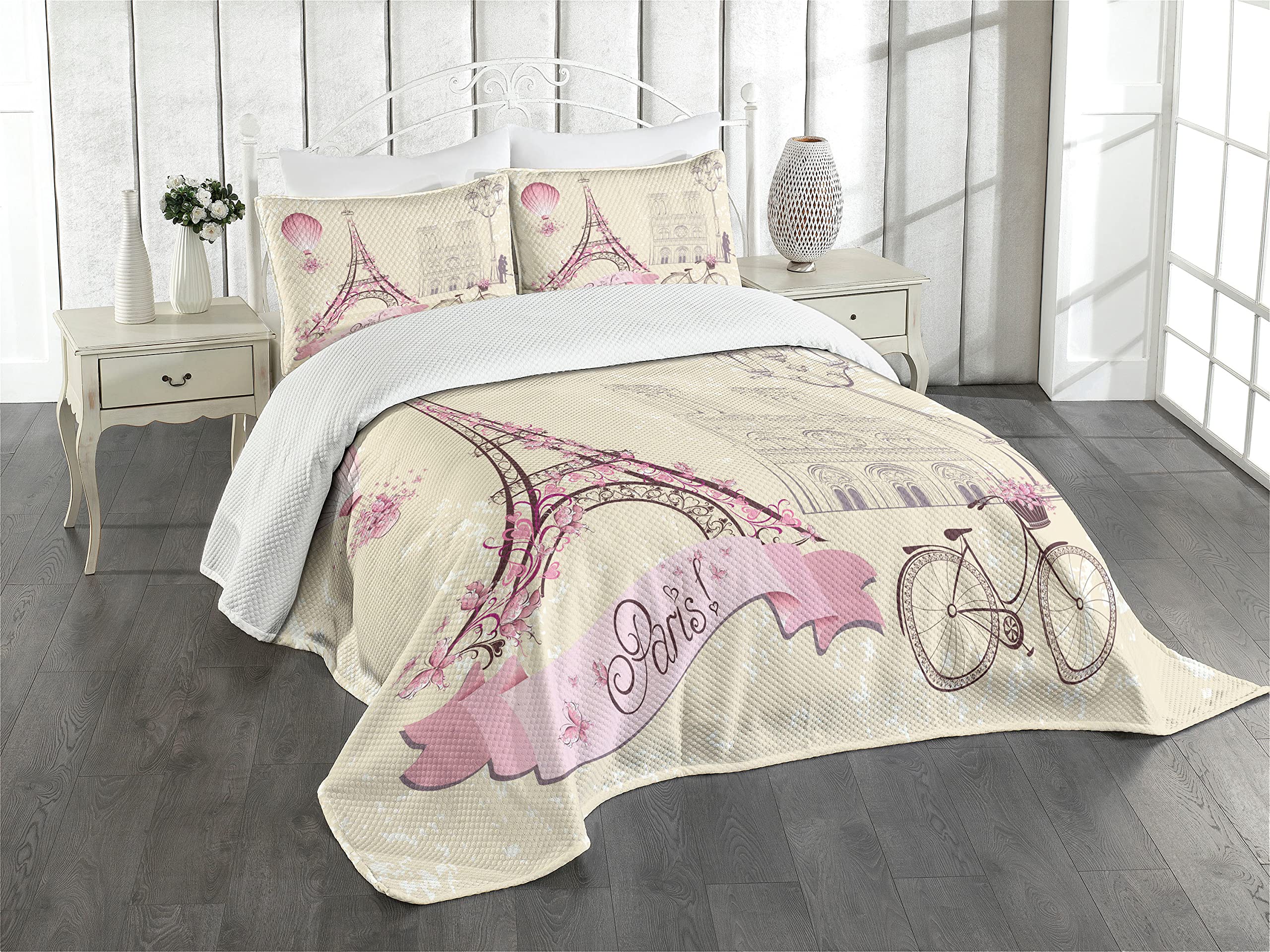 ABAKUHAUS Kiss Bedspread Set, Floral Paris Eiffel, Decorative Quilted 2 Piece Coverlet Set with Pillow Sham, Ivory Pink