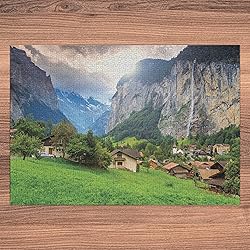 Ambesonne European Jigsaw Puzzle, Green Fields