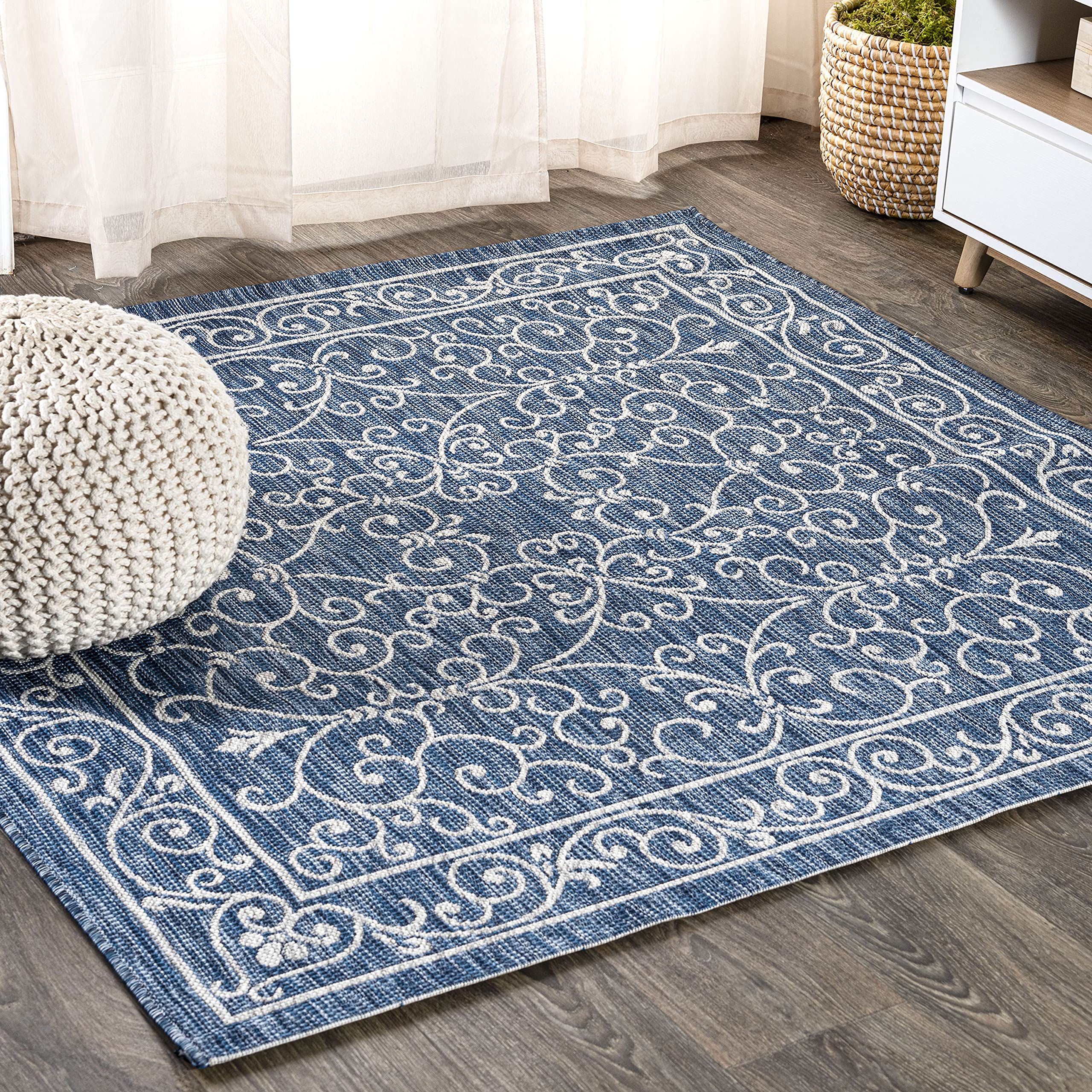 JONATHAN Y Vintage Filigree Indoor Outdoor Square Area Rug 8X8 Navy/Gray, Charleston Textured Weave for Backyard, Patio, Porch, Easy-Cleaning, High Traffic, Pet-Friendly, Non-Shedding (SMB106D-8SQ) Image JONATHAN Y Vintage Filigree Indoor Outdoor Square Area Rug 8X8 Navy/Gray, Charleston Textured Weave for Backyard, Patio, Porch, Easy-Cleaning, High Traffic, Pet-Friendly, Non-Shedding (SMB106D-8SQ) Image