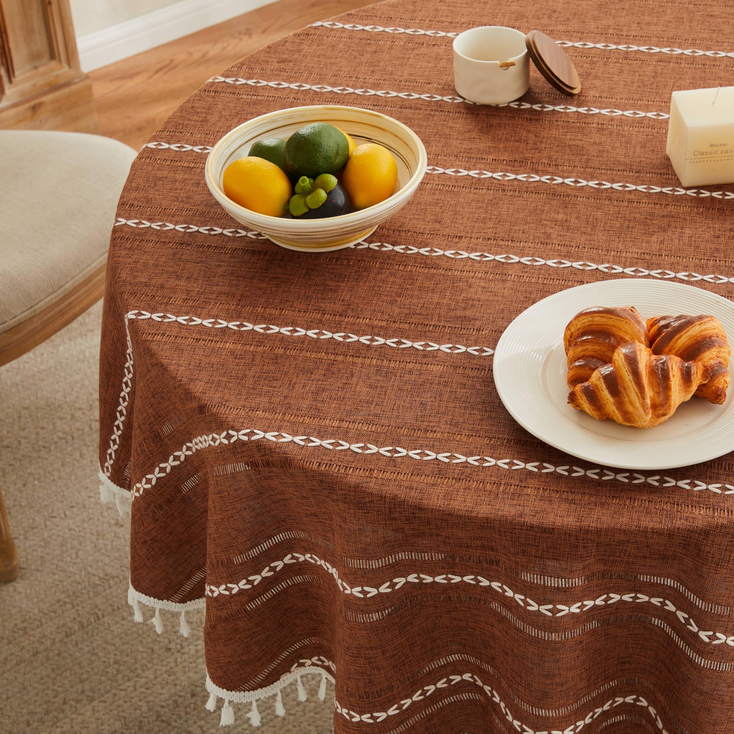 Photo 1 of ZeeMart Hemstitched Embroidery Striped Boho Tablecloth 54 Inch Round Caramel, Heavy Weight Farmhouse Burlap Linen Orange Brown Tablecloth, Wrinkle Resistant Washable Table Cloth for Round Table