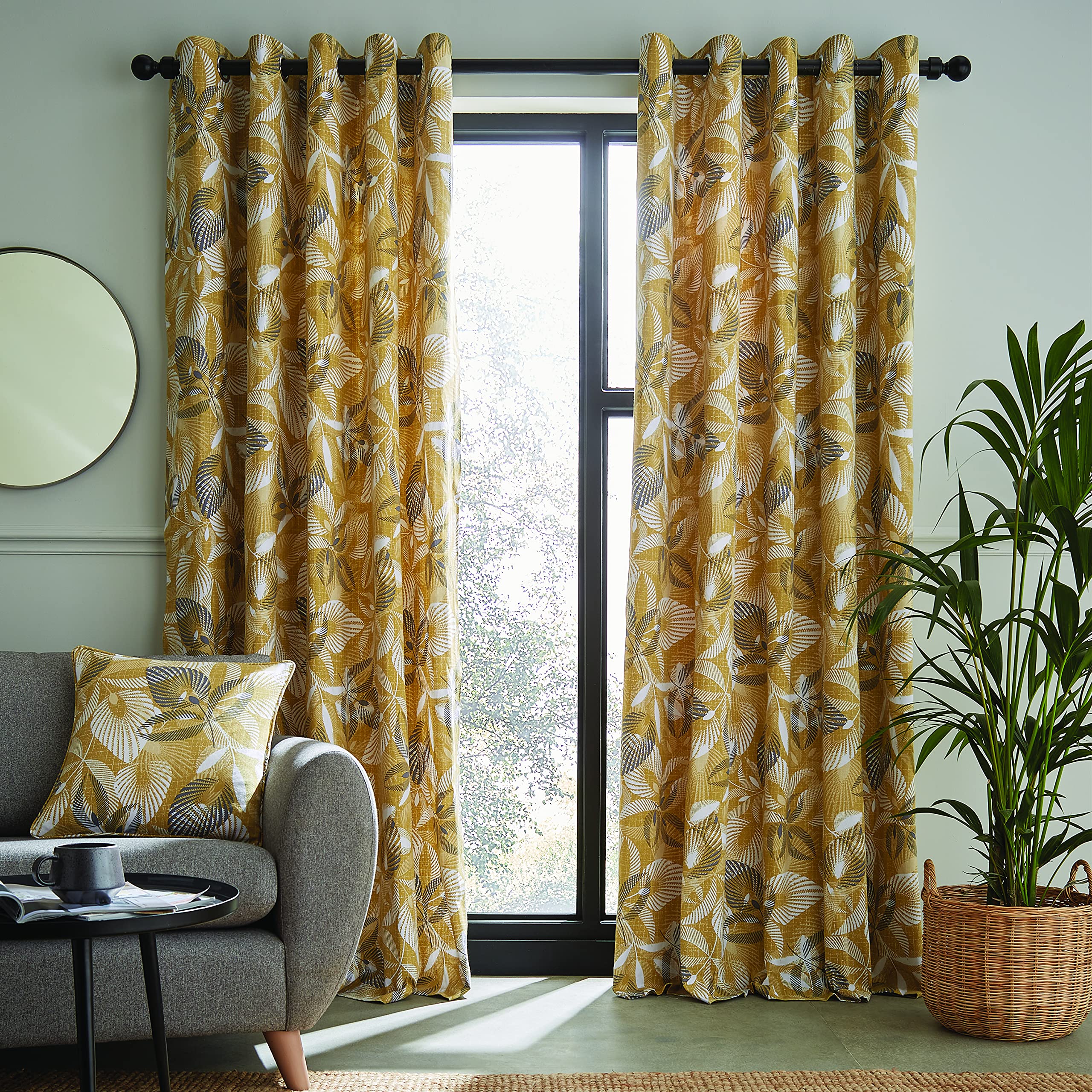 Catherine Lansfield Abbotsley Leaf Eyelet Curtains Ochre Curtains- 46x72 Inch