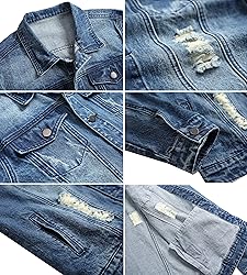 LAMKUKU Mens Denim Jacket Ripped Slim Jean Jacket