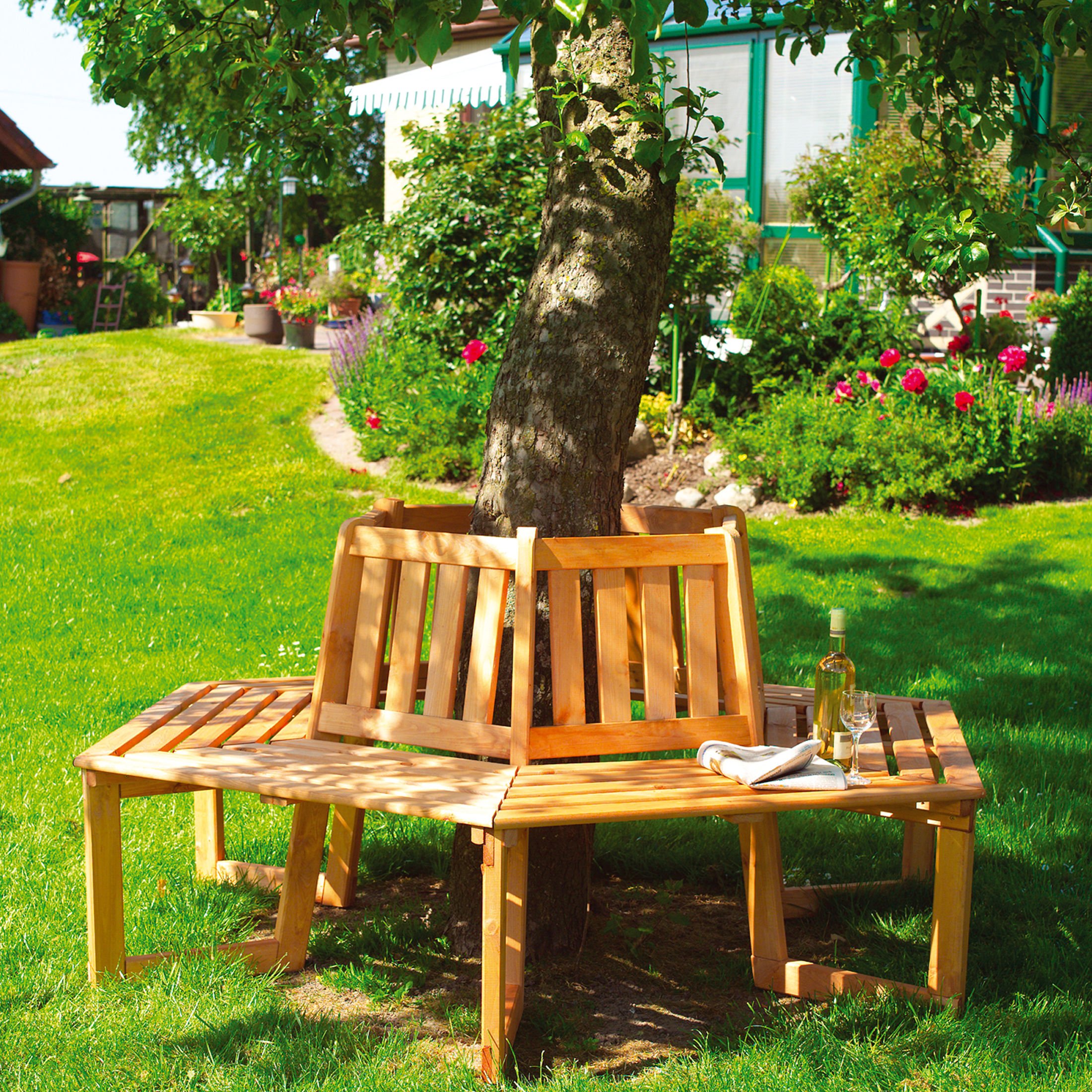 Round Tree Seat- Solid Wood Garden Circular Tree Bench - Wooden Garden Seating with Treated Timber for patio areas or Garden and Outdoor spaces | Decorative Wooden Garden Tree Seat Furniture