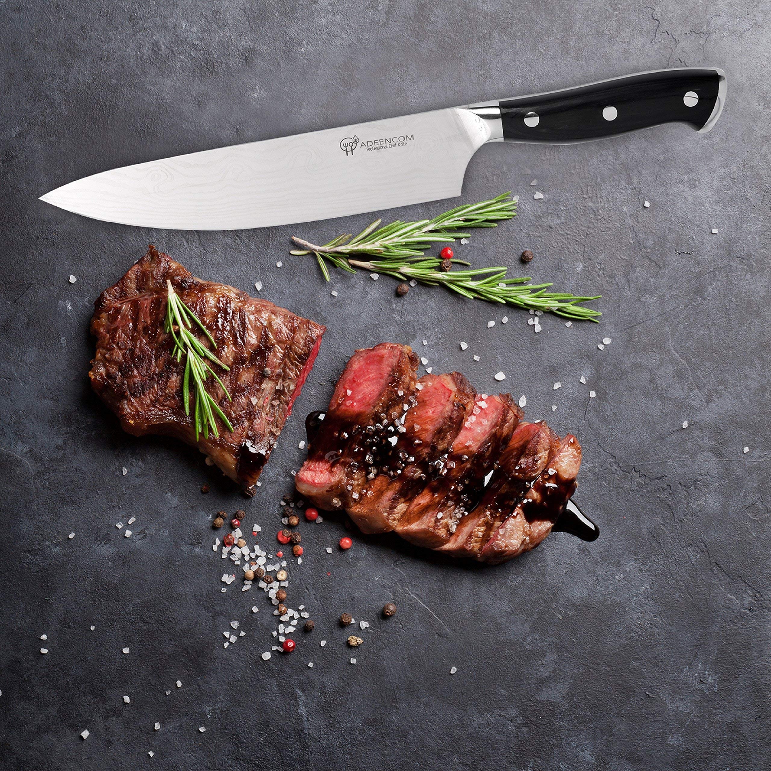 ADEENCOM Professional Chef Knife Sharp and Rust-Free, 8 Inch German Stainless Steel, Comfortable Pikkawood Handle, Multipurpose for Home, Kitchen and Restaurant, Top Quality Knives