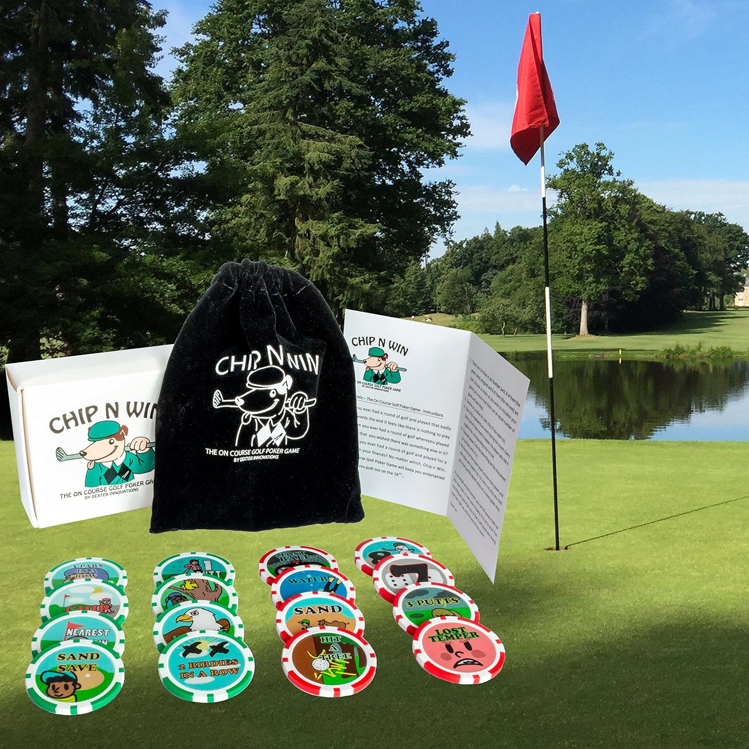 Dexter Innovations CHIP N WIN. The On Course Golf Poker Chips Game with 16 Fun Chips. Play at the Same Time as Your Normal Round Adding an Extra Element of Fun. 2-4 Adults (Ages 18+). EVA Case - Image 4