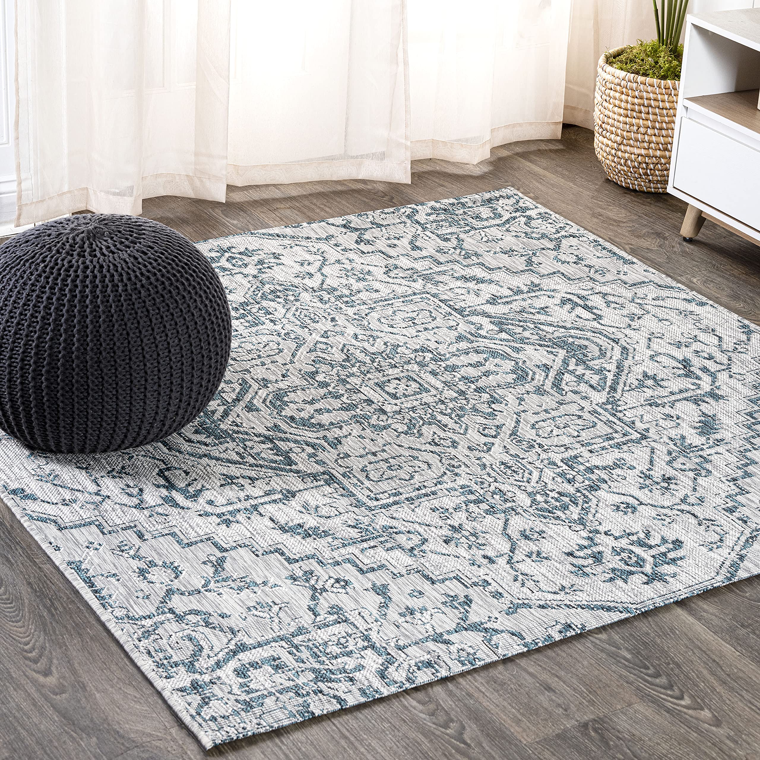 JONATHAN Y Boho Medallion Indoor Outdoor Square Area Rug 9X9 Teal/Gray, Estrella Textured Weave for Backyard, Patio, Porch, Easy-Cleaning, High Traffic, Pet-Friendly, Non-Shedding (SMB105C-9SQ) Image