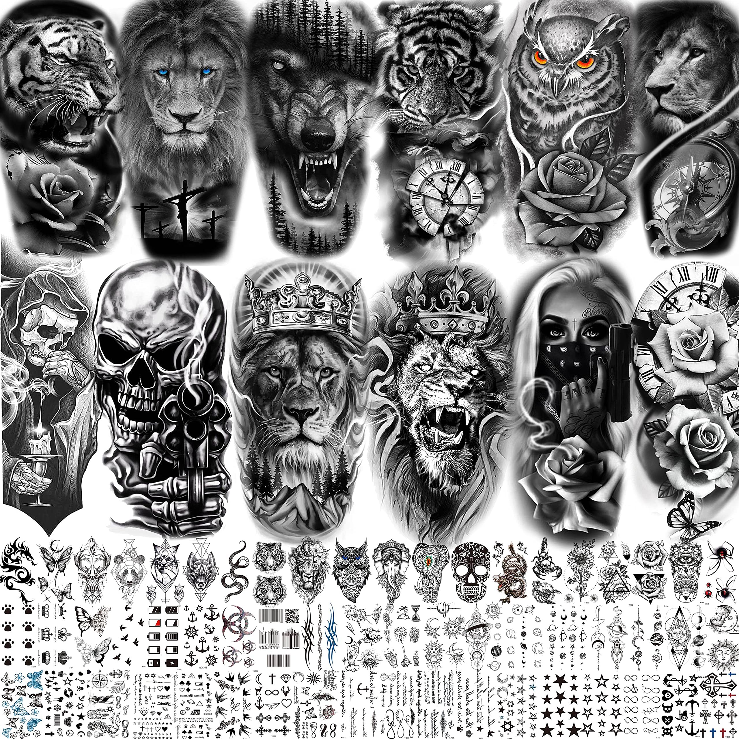 LAROI 69 Sheets Black Animals Temporary Tattoos For Men Women Adults, Lion Wolf Tiger Gangster Fake Tattoo Stickers, Halloween Owl Rose Flower Skull Temp Long Lasting Tattoo Body Art Arm Sleeve