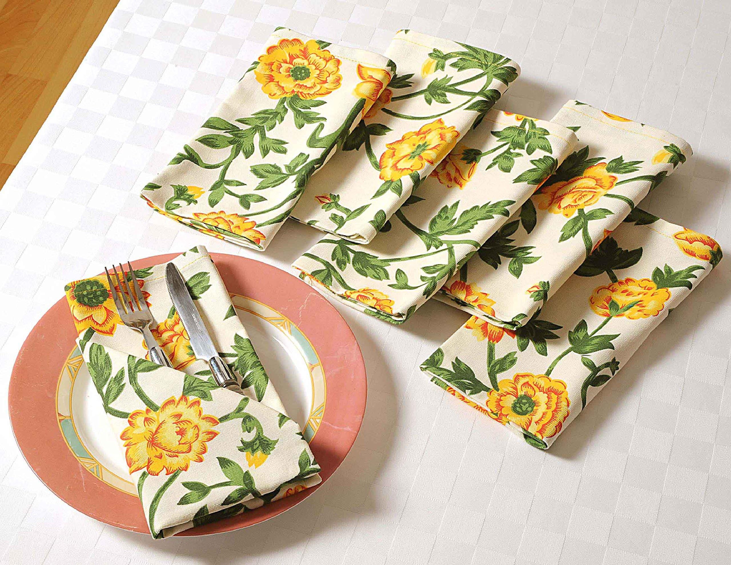 ShalinIndia Floral Cotton Spring Cloth Napkins Set For Horde Ouveres - 13" x 13" - Set of 8 Table Linens - Cream, Yellow and Green Rose