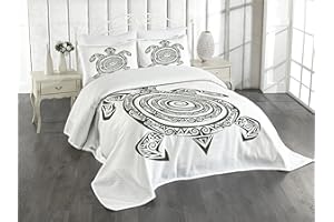 Ambesonne Turtle Bedspread, Maori Tattoo Style of Sea Animal Tribal Spiral Form Tropical, Decorative Quilted 3 Piece Coverlet Set with 2 Pillow Shams, King Size, Purple Off White