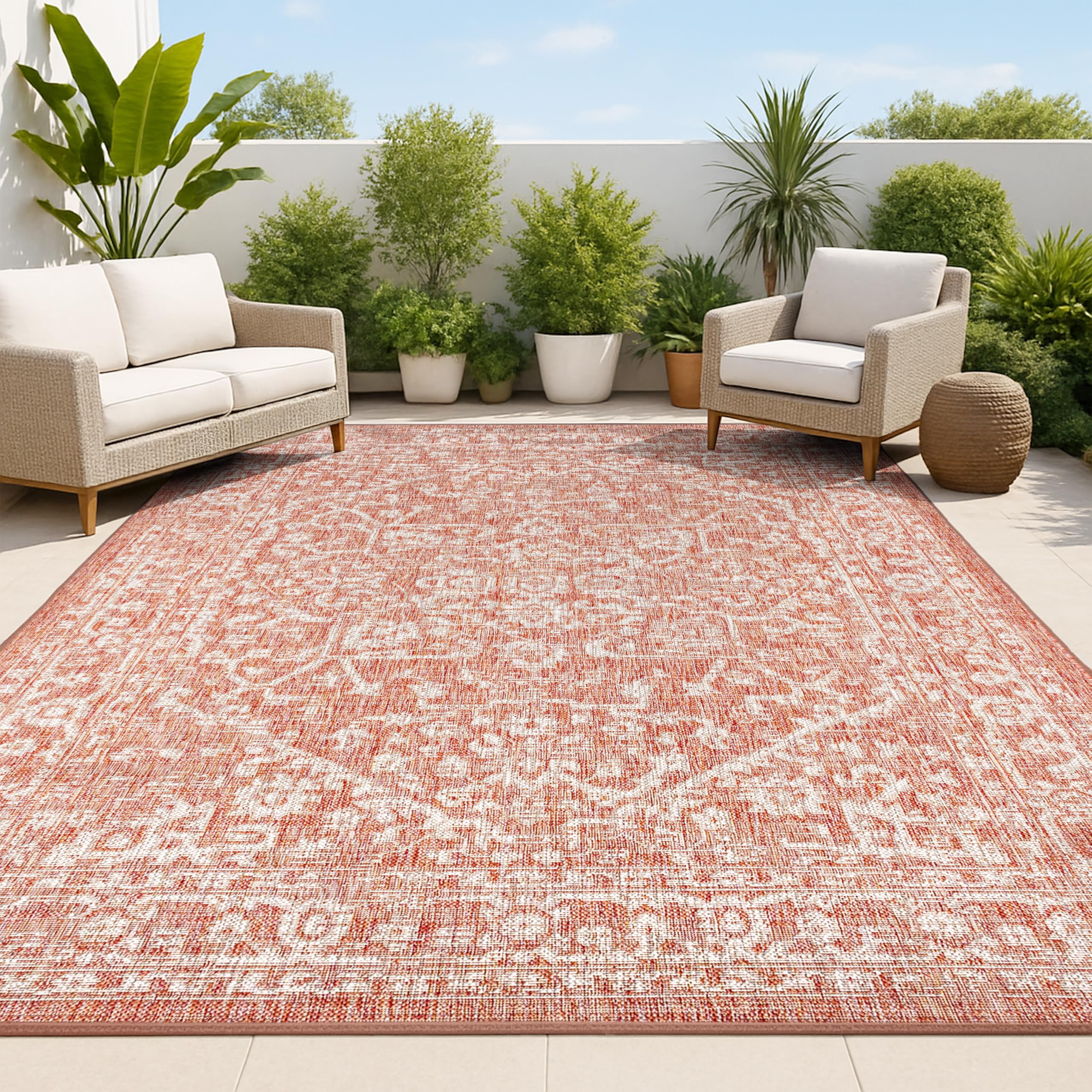 JONATHAN Y Boho Medallion Indoor Outdoor Area Rug 10X14 Red/Taupe, Malta Textured Weave for Backyard, Patio, Porch, Easy-Cleaning, High Traffic, Pet-Friendly, Non-Shedding (SMB104A-14) Image