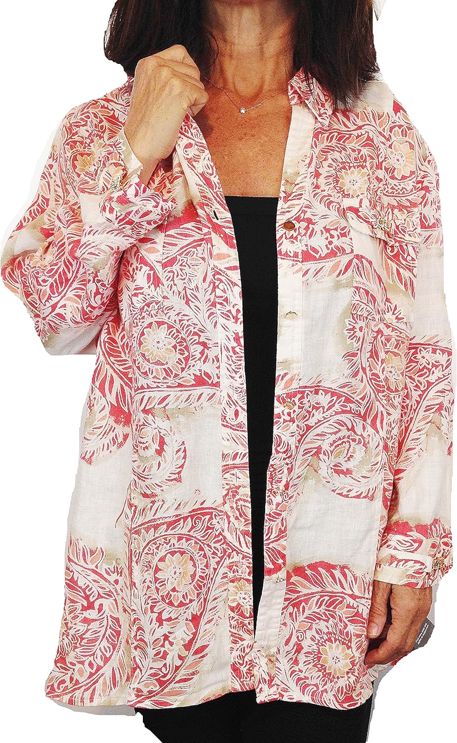 JM Collection Paisley Vines Linen Top with Hardware Details, Size 14, at Amazon Women’s Clothing