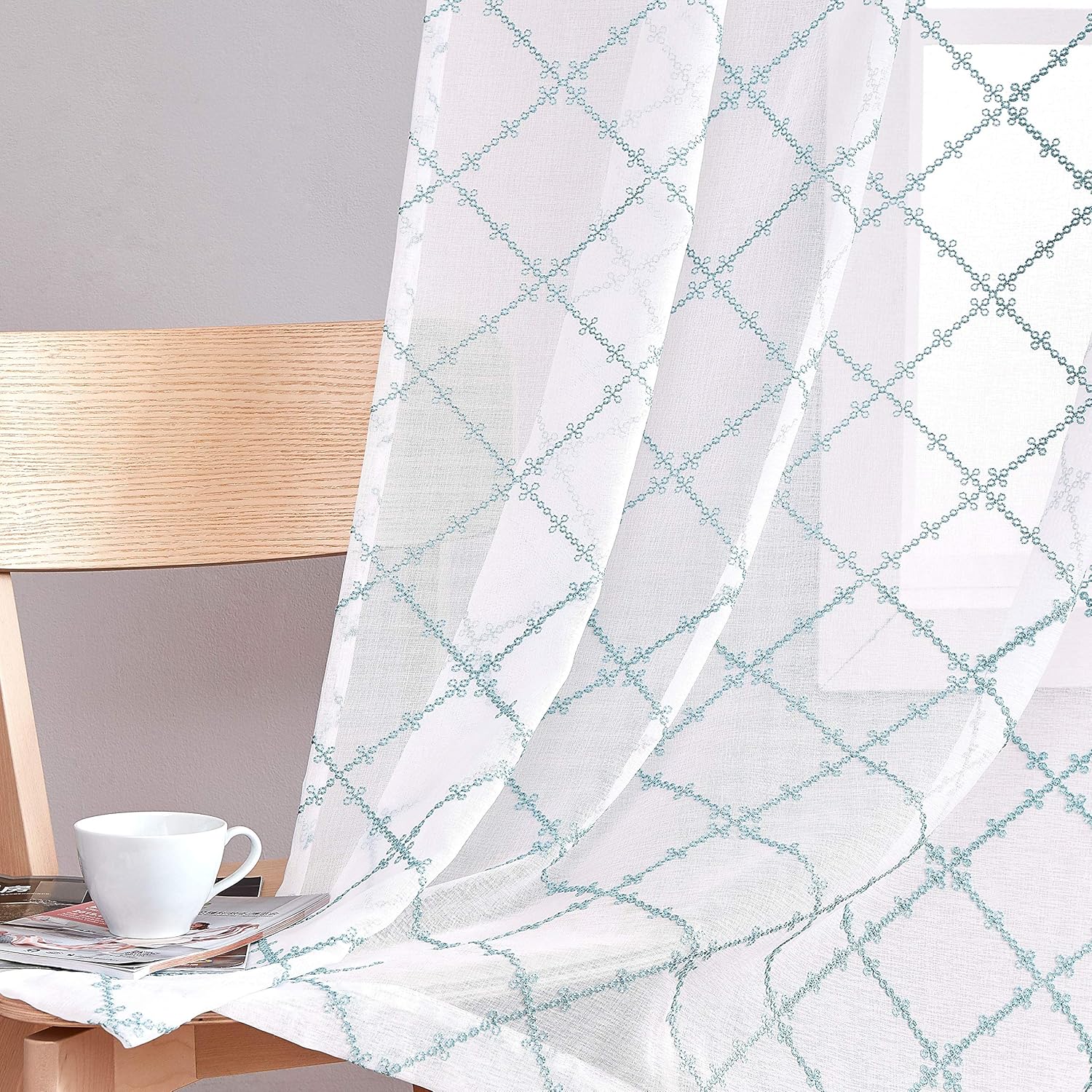 Fragrantex Geometric Embroidered Sheer Curtain Panels Spa