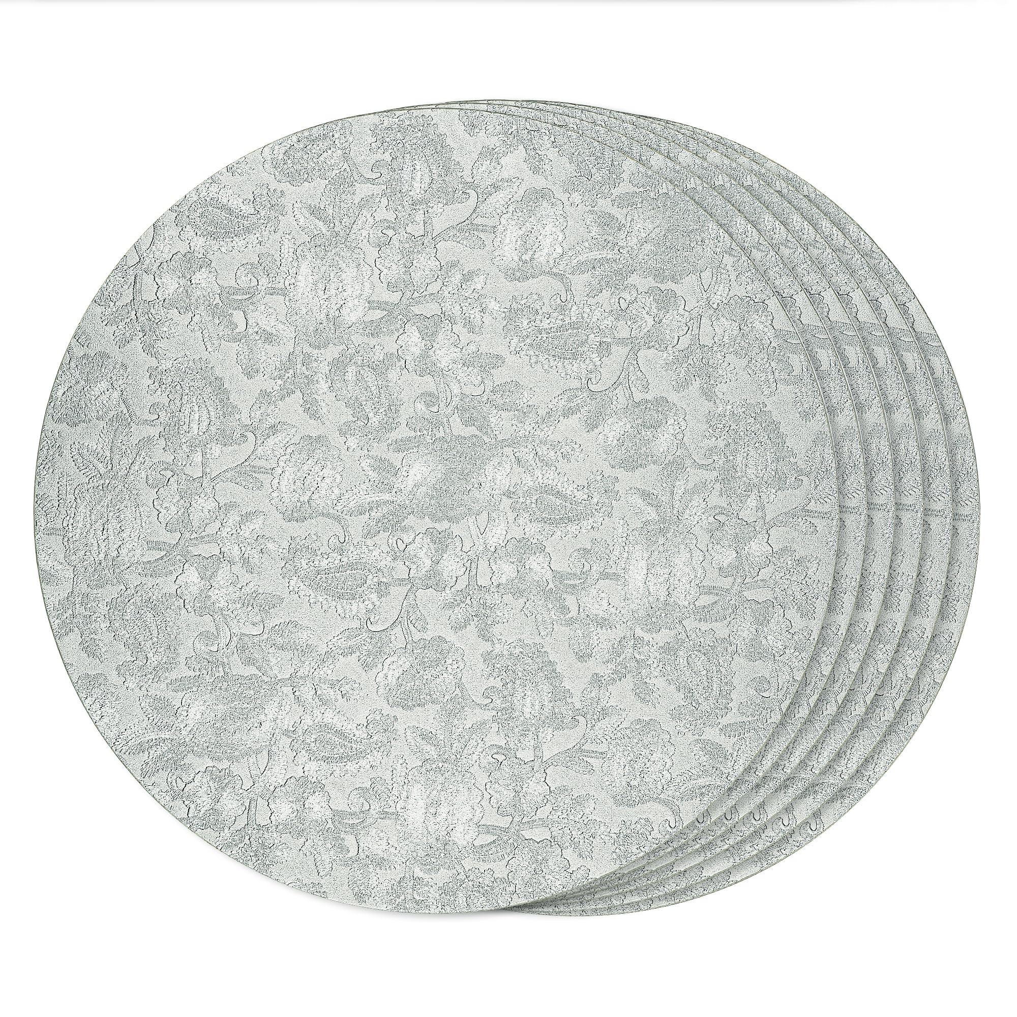 fanquare Floral Printed Silver Placemats Sets of 6 Round PU Faux Leather Table Mats Heat Resistant Wipeable Non-Slip Place Mats for Dining Kitchen Table Wedding Decoration 38cm