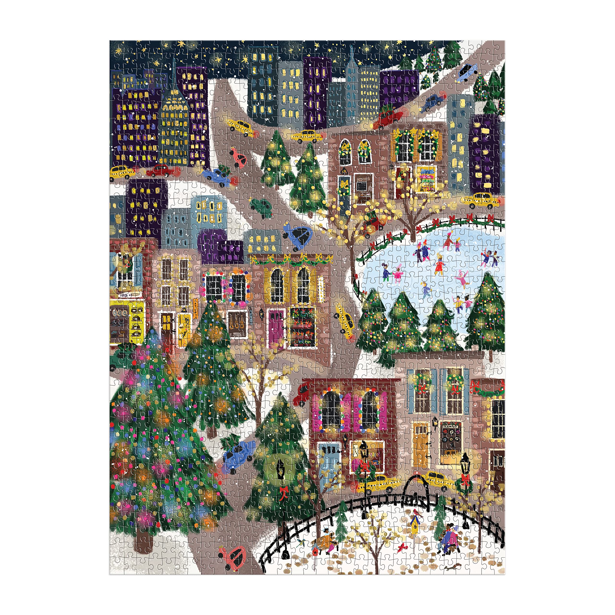 Galison Sparkling City – 1000 Piece Foil Puzzle with Illustrations of Colorful Merriments in The City with Gold Foil Accents